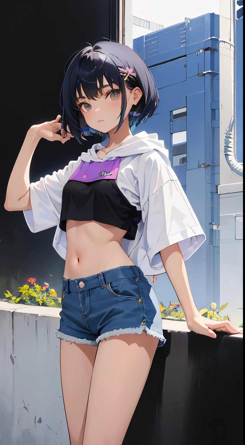 Juri Han,Masterpiece, Best Quality, 1girl, report, crop-top, jean shorts, Choker, (graffiti:1.aint splatter, (Hands Behind Your Back), Against a wall, looking a viewer, A bracelet, thigh strap, Paint on the body, tilt of head, bored, fiery hair color, Rainbow-colored eyes,juri han