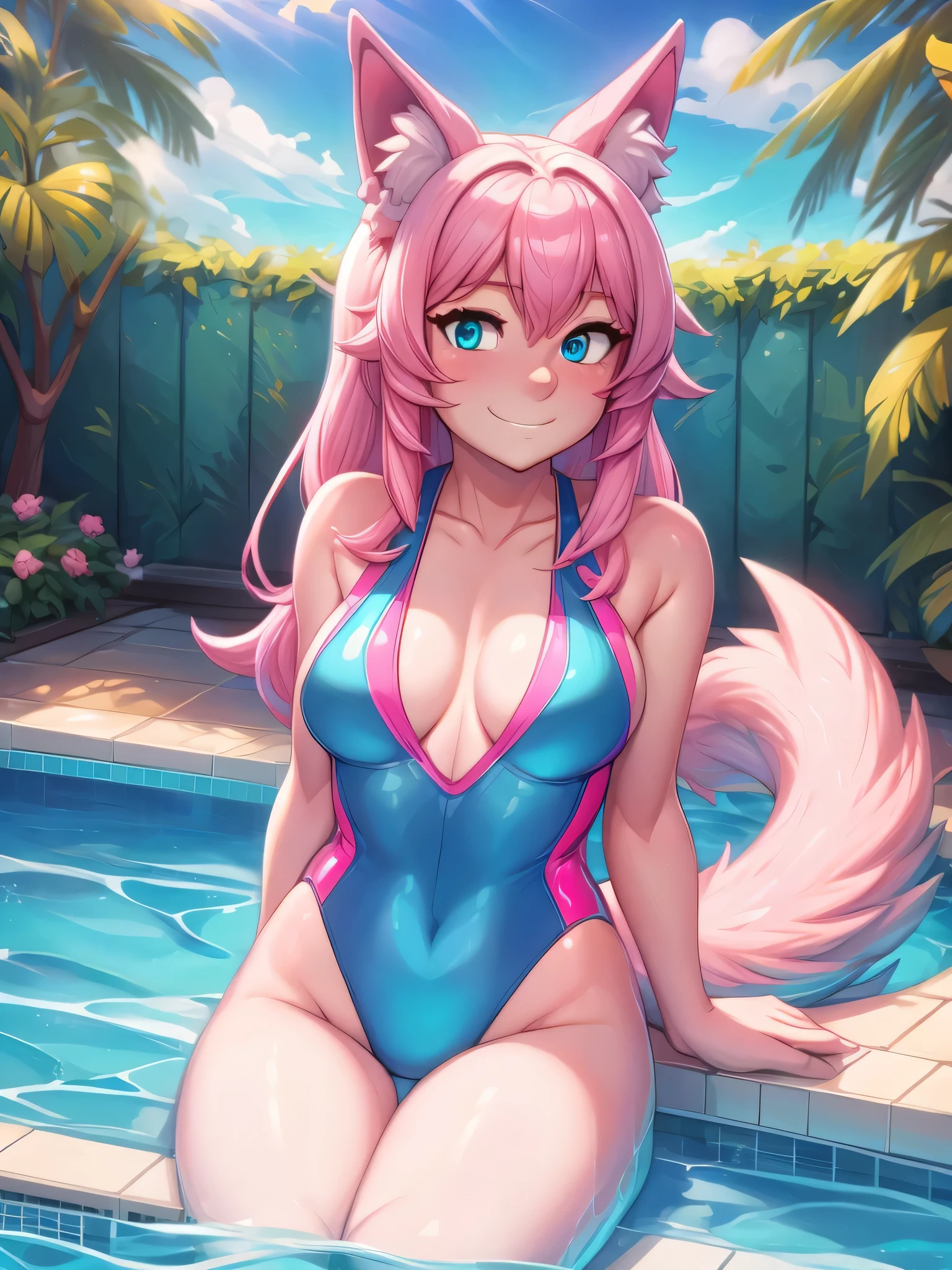 (Masterpiece) (High Detail) (High Res) A close up of A short cute humanoid girl with pale skin and turquoise eyes and long pink hair and pink dog ears and a big fluffy pink dog tail and average breasts is sat on the edge of a pool wearing a white one-piece swimsuit. She looks flirtacious. Pink Hair. Pink Tail.