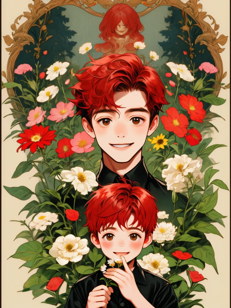masterpiece, collage of little boy holding flowers, short red hair, smile, colorful flowers