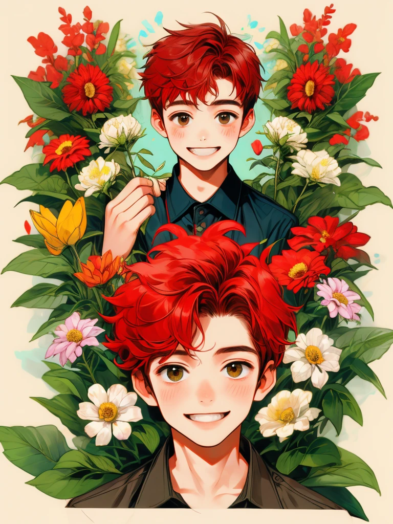 masterpiece, collage of  holding flowers, short red hair, smile, colorful flowers