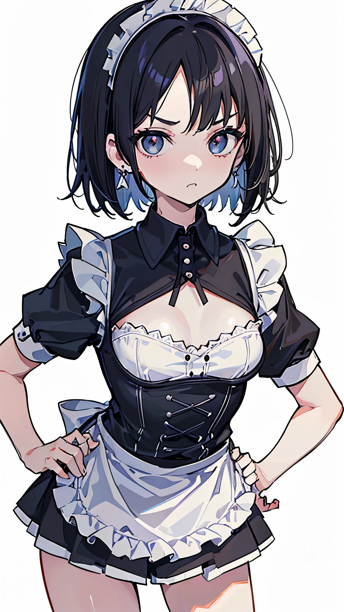 (8K、best image quality、highest quality、masterpiece)、detailed face、1 girl、black hair、short hair、((Bangs that show the forehead))、gray eyes、angry eyes、earrings、small breasts、((maid))、short sleeve、short apron、miniskirt、leaning forward、Put your hands on your hips、Take from below、look down、cowboy shot、((white background))