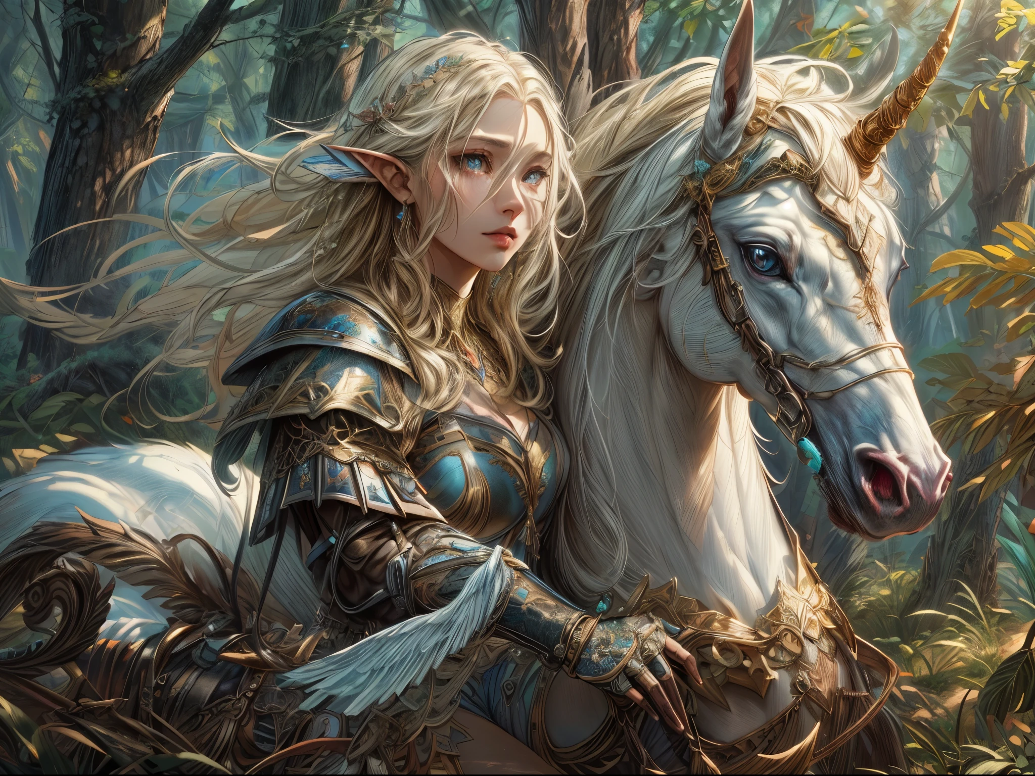 speedpainting a illustration of a beautiful female elf knight riding a unicorn in the forest, female elf knight, extremely beautiful female elf (best details, Masterpiece, best quality: 1.5), ultra feminine princess, ultra detailed face (best details, Masterpiece, best quality: 1.5), determined face, ready for war, blond hair, long hair, wavy hair, dynamic eyes color, armed with a long sword, wearing leather armor, elven armor (best details, Masterpiece, best quality: 1.5), white unicorn (best details, Masterpiece, best quality: 1.5),  fantasy forest and some clouds in the background, fantasy art dnd art, RPG art magv1ll, Ultra-Wide Angle, high detail, award winning, best quality, HD, 16K, high details, best quality, absurd highres, ultra wide angle, photorealistic, ultra realistic [[anatomically correct]], high details, best quality, 16k, [ultra detailed], masterpiece, best quality, (extremely detailed), ultra wide shot, photorealistic,
