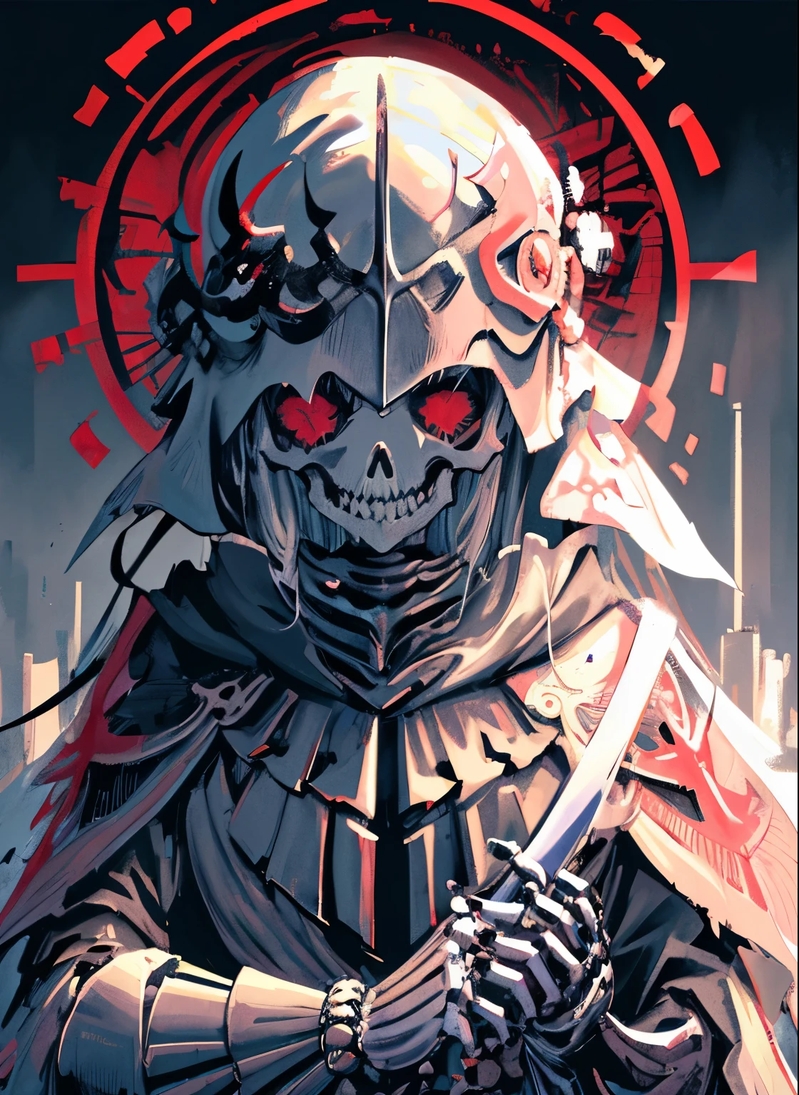 ((masterpiece, highest quality, figure)), chaos theme, Horror theme, girl, covered eyes, mask, headgear, Skeleton armor, skeleton print, Armored dress, Floating cloak, Jacket removed, alone, Planted a lot_sword, Remains, cloudy sky, it's snowing, dark lighting,Specially concentrated semen,vaginal