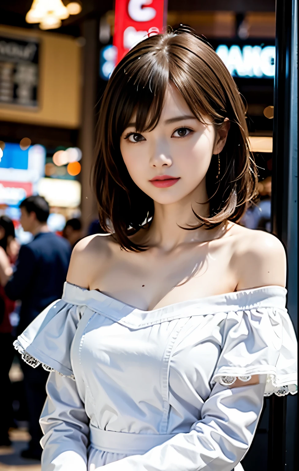 (Photorealistic: 1.8),
Woman close-up, ash blonde hair, A-line haircut, transparent blouse,
very detailed clothes, large areolas,
Model shot as fashion model, random people on city streets, like Instagram posts