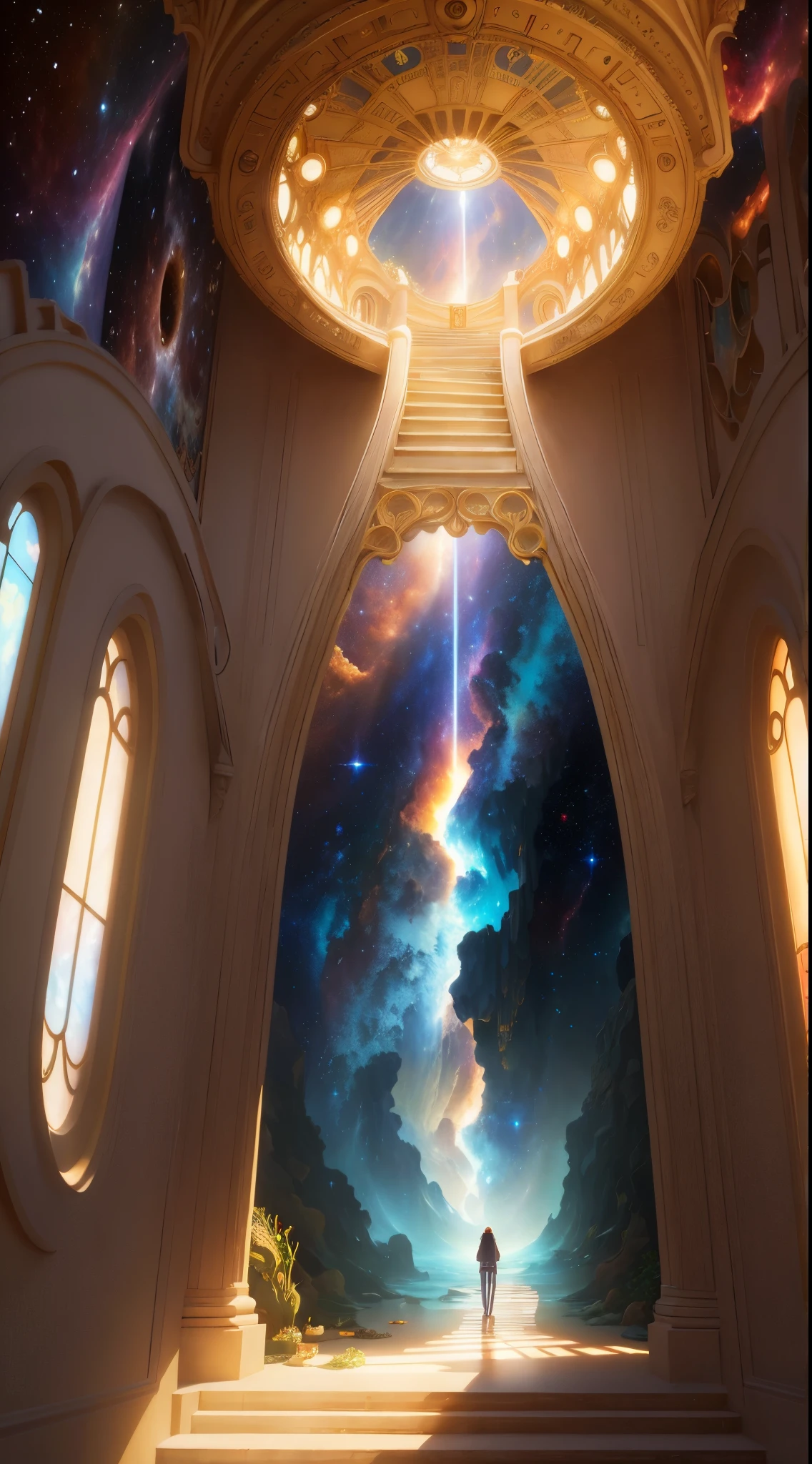 ((best quality)), ((masterpiece)), Wonderful, Beautiful, Shiny, Glory of God, Super Detailed, a stairway leading to the sky with clouds and sun , (detailed), oil painting, (nebula under the sea:1.3), (galactic:1.2), celestial, ocean, (incredibly detailed:1.1), (complex details:1.2), (Studio Ghibli influence:1.1), mosaic, (photorealistic:1.2), volumetric lighting, (ray tracing:1.1), well lit, (octane render:1.1), (Art Nouveau style:1.2), Raw, Ultra Quality, A Stairway to Heaven, Inside a Tunnel of Light, in the background with a bright light coming from the top, Andries Stock, sky, a picture, rayonism