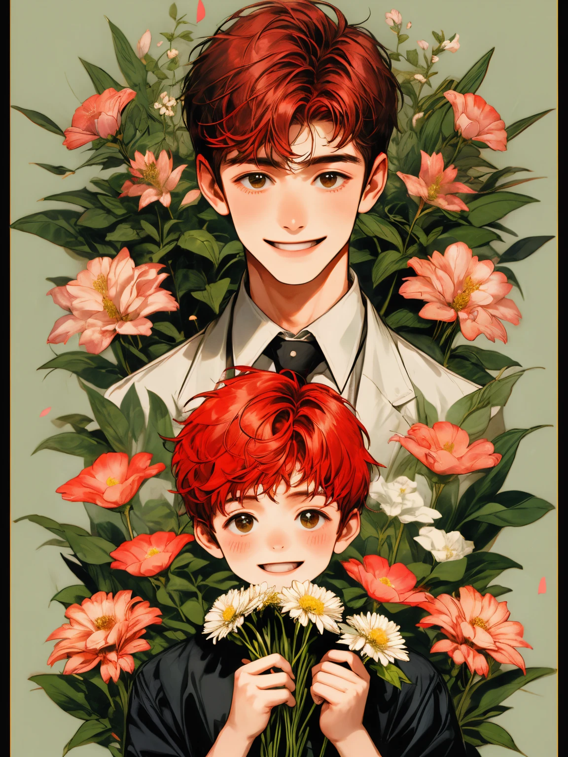 masterpiece, collage of ********** holding flowers, happy, short red hair