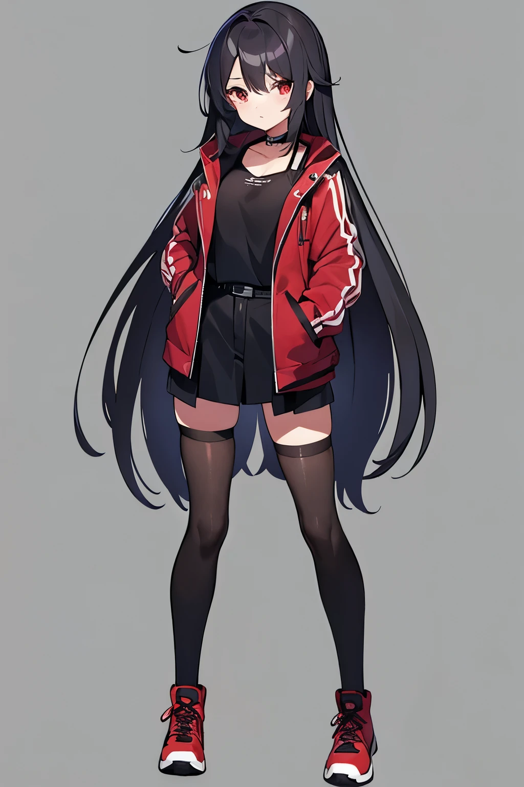 anime character with a black shirt and red jacket, single character full body, female anime character, anime style character, as an anime character, anime moe artstyle, anime character, full body single character, female protagonist, she has half black and half white little long hair, 25 years old