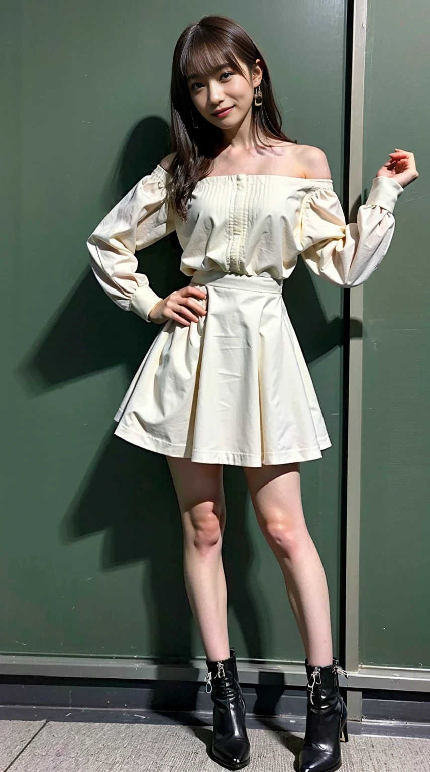 masterpiece, great work, whole body, 1 girl,  mini skirt, blush, bracelet, beautiful breasts, , gradient hair, long hair, looking at the audience, loose earrings, checked skirt, red eyes, ring, smile, alone,  fashion, woman, vitality,  take a pose, front, ,concentrated、whole body画像(1:5）、thin legs、Are standing、put your hands on your hips、idol costume、boots、whole body画像、Chest emphasis、pink costume、stand with legs apart