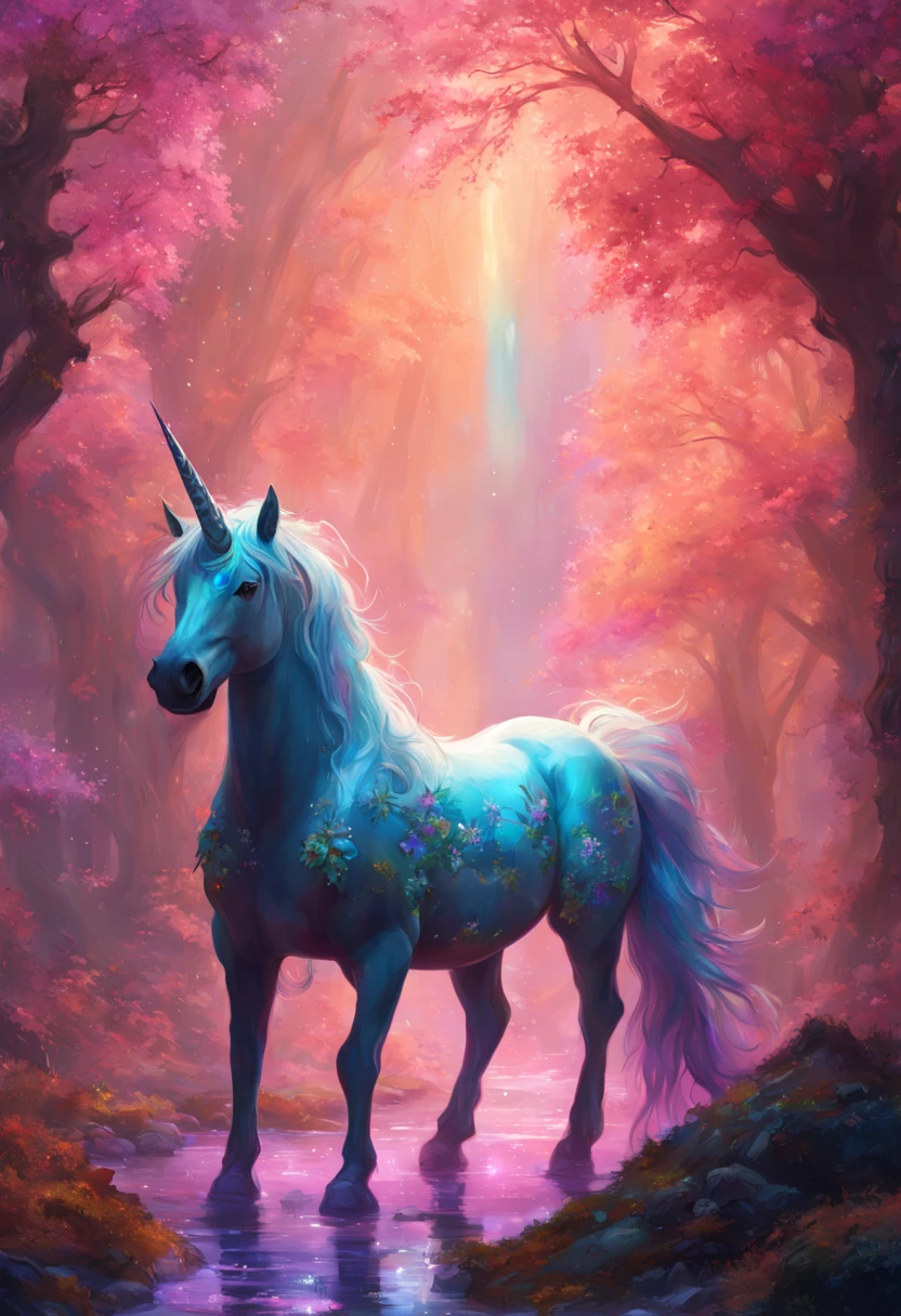 (Fantasy Unicorn:1.5), bronze filigree, intricate hyperdetailed painting by Jonas De Ro, Gustave Klimt clouds, Ismail Inceoglu, Huang Guangjian, CGSociety, ZBrush Central, fantasy art, album cover art, 8k resolution, intricately beautiful, forest, glitter, fireflies, magical atmosphere, intense glow, cool color scheme, high definition, detailed matte painting, deep color, fantastical, intricate detail, splash screen, complementary colors, fantasy concept art, 8k resolution trending on Artstation Unreal Engine 5