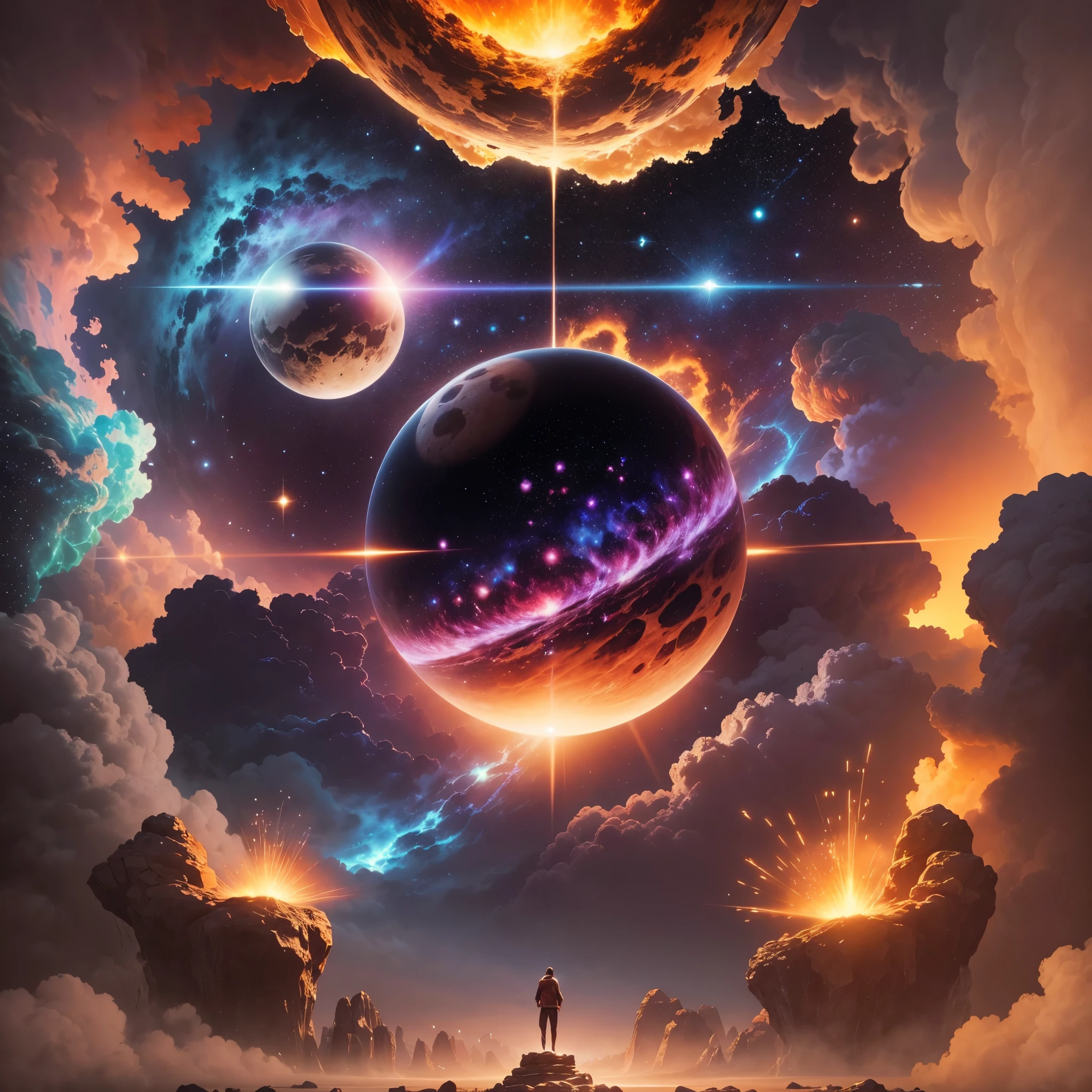 Imagine an image that depicts an epic chapter of a fantastic book. In the center of the scene, you'll see Thanato and Peperit, two primordial ancestors, exhibiting a powerful cosmic energy. Around them, an explosion of vibrant, bright colors represents the Universe in its primordial state, as if it were newborn. Five divine deities, called Ozis, Tanri, Theos, Zilevo and Zulfiqar, are present in the image, each possessing a unique appearance and expressions that reflect their connection to the Universe. Enveloping the Universe are eight colossal floating rocks, symbolizing the planets of the cosmic garden: Zaranler, Májoris, Arcriris, Terax, Moam, Primarium, Dívum and Gáudium. Each planet has distinct characteristics, such as lush landscapes, sparkling oceans, and mysterious atmospheres. Despite the efforts of the gods to bring joy and life to the universe, their sorrow is evident. The Sun, now a colossal incandescent rock, emits intense heat and a bright, unique light. Scattered around the scene, stars shine brightly, like small gaseous rocks that illuminate the cosmos. Finally, the primordials and their descendants assume a majestic bipedal form, revealing their grandeur and divine power. Use your creativity and skills to create an image that captures all the cosmic grandeur of this fascinating chapter, highlighting every detail with perfection and depth.