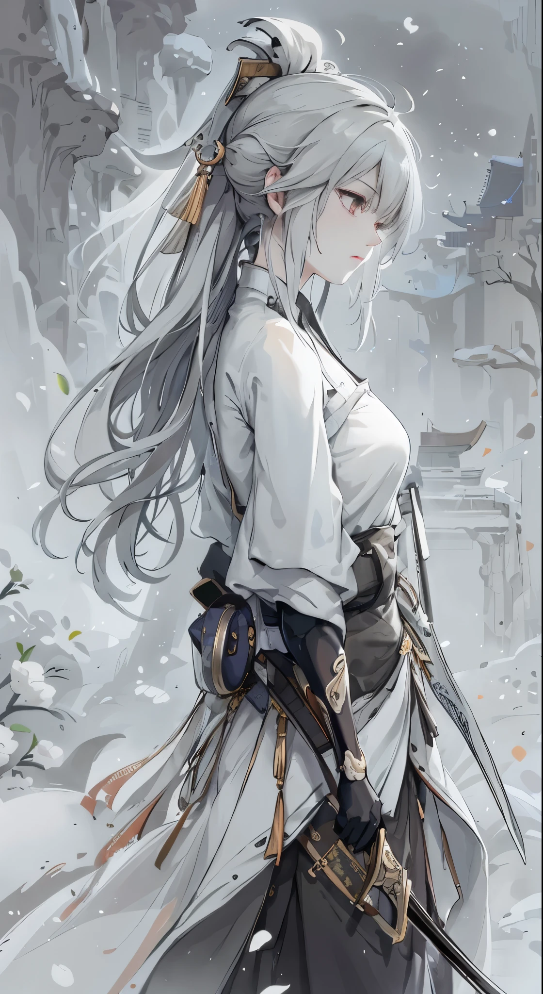 a close up of a woman with a sword in a white dress, a character portrait by Yang J, trending on cgsociety, fantasy art, beautiful character painting, artwork in the style of guweiz, guweiz, white hanfu, flowing white robes, full body wuxia, epic exquisite character art, stunning character art, beautiful female assassin,more details,