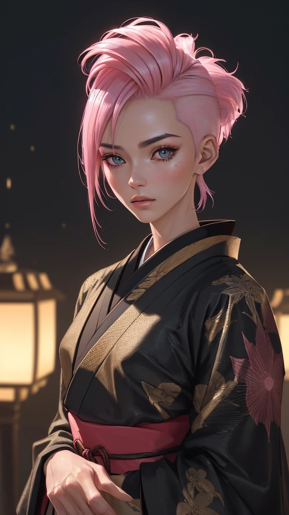 (best quality, masterpiece, perfect face, detailed simmetric eyes), pink hair, 18 years old european girl, flirting with POV, in traditional japanese gold&black kimono, ultra detailed kimono textures, high contrast, (natural skin texture, hyperrealism, soft light, sharp), night, kyoto, fireworks (hi-top fade:1.3), dark theme, soothing tones, muted colors, high contrast, (natural skin texture, hyperrealism, soft light, sharp), HDR, dramatic lights,nice