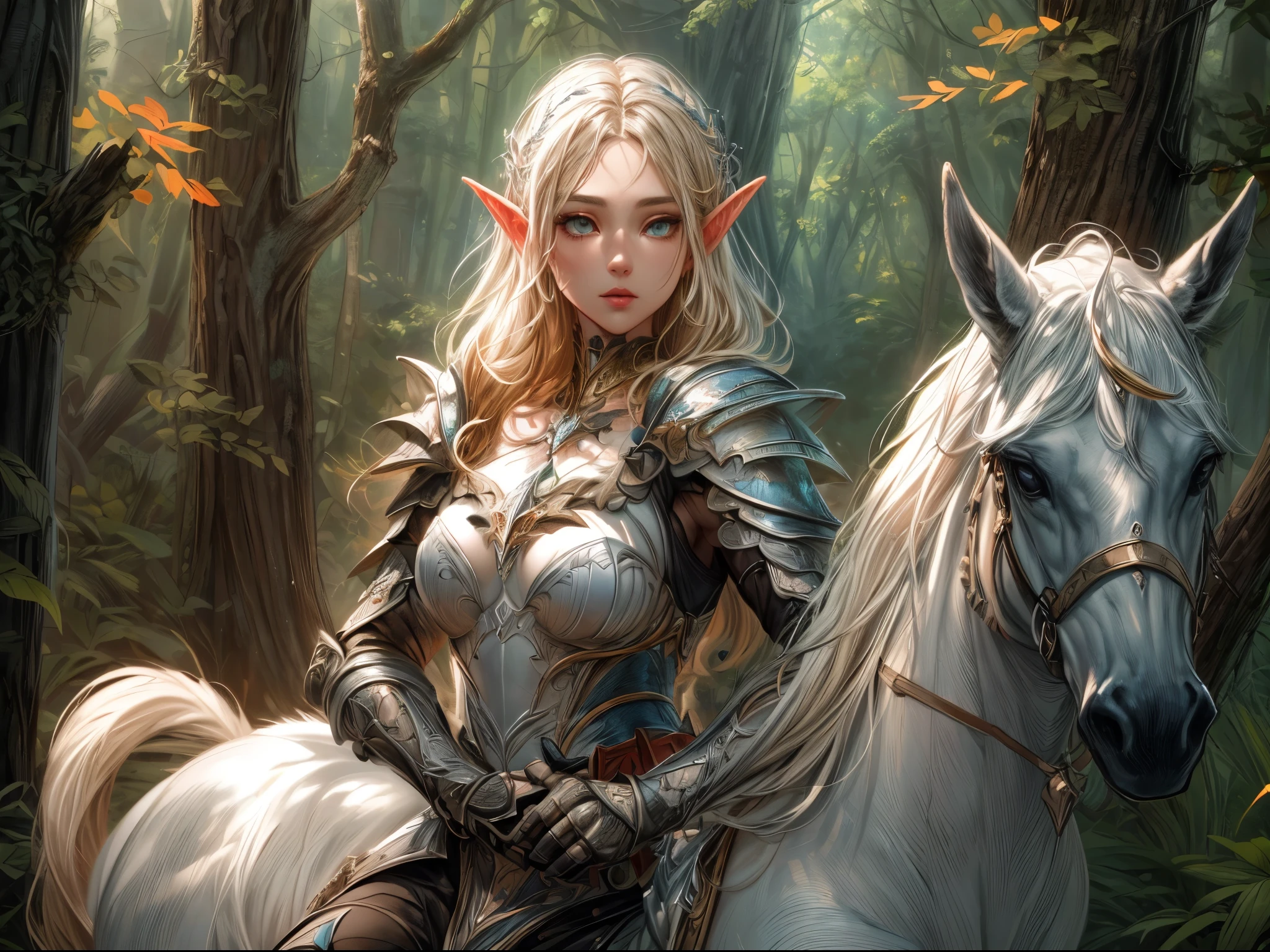 speedpainting a illustration of a beautiful female elf knight riding a unicorn in the forest, female elf knight, extremely beautiful female elf (best details, Masterpiece, best quality: 1.5), ultra feminine princess, ultra detailed face (best details, Masterpiece, best quality: 1.5), determined face, ready for war, blond hair, long hair, wavy hair, dynamic eyes color, armed with a long sword, wearing leather armor, elven armor (best details, Masterpiece, best quality: 1.5), white unicorn (best details, Masterpiece, best quality: 1.5),  fantasy forest and some clouds in the background, fantasy art dnd art, RPG art magv1ll, Ultra-Wide Angle, high detail, award winning, best quality, HD, 16K, high details, best quality, absurd highres, ultra wide angle, photorealistic, ultra realistic [[anatomically correct]], high details, best quality, 16k, [ultra detailed], masterpiece, best quality, (extremely detailed), ultra wide shot, photorealistic,