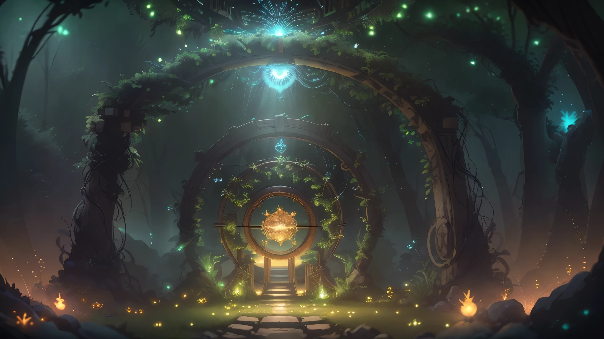 (Digital Artwork:1.3) of (Sketched:1.1) octane render of a mysterious dense forest with a large (magical:1.2) circular gate (portal:1.3) to another dimension, The portal frame is designed with rocks, with engraved glowing hieroglyphs, with fireflies and glowing particle effects, ethereal ambience, (UI interface frame design), (natural elements), (jungle theme), (leaves) , (twigs), (fireflies), butterflies, (delicate leaves), (glow), (particle effects, light engrave in intricate details, (light particle:1.2), (game concept:1.3), (depth of field:1.3), global illumination,Highly Detailed,Trending on ArtStation