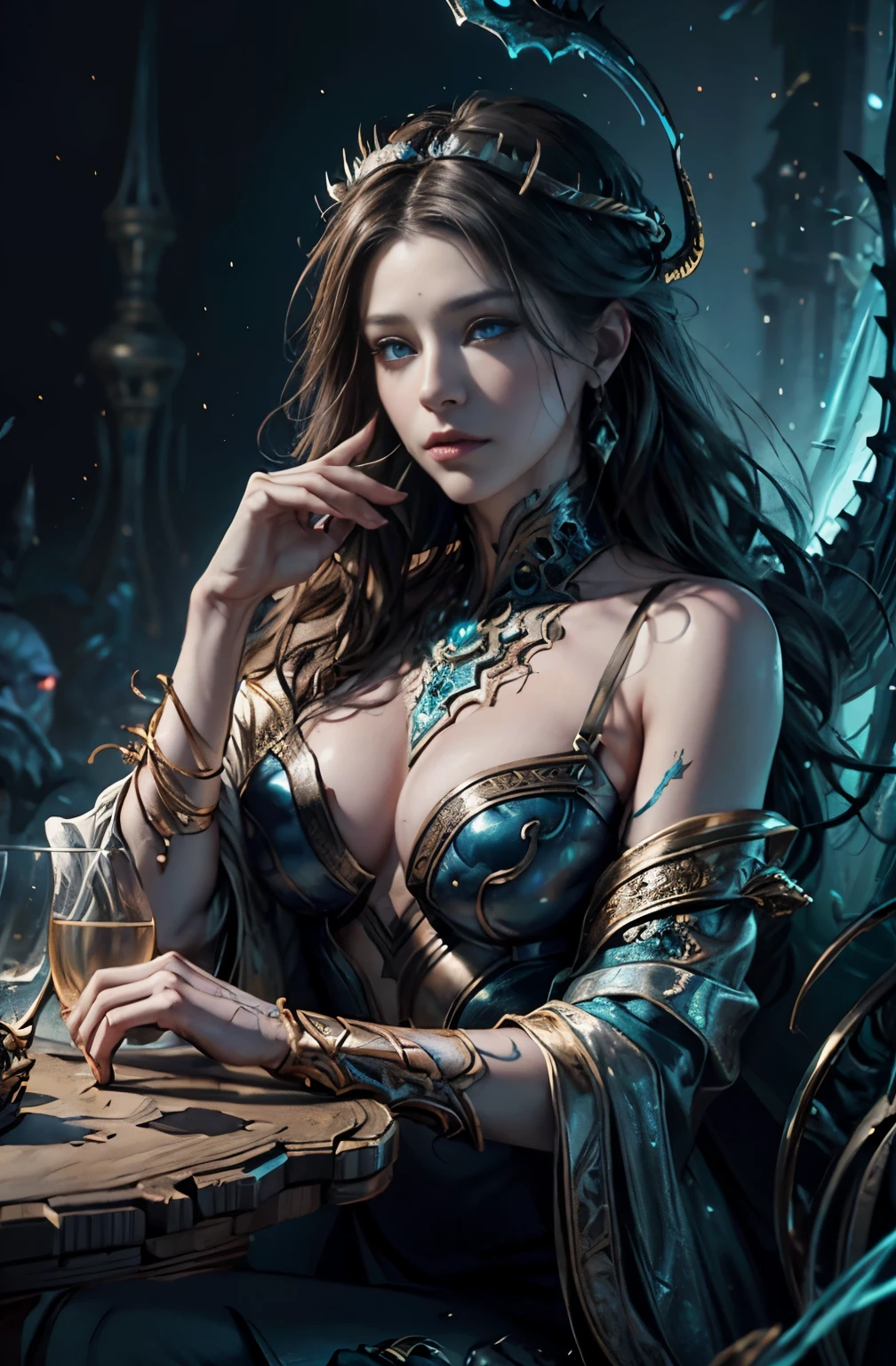 A very beautiful woman who meets a mechanical dragon, Different world, ruined city, sharp outline, Michael Letter, Christoph Huge 、super detailed paintings, luminism, art by Carne Griffiths and what a bone concept art, 4K resolution, fractal isometricdetailbioluminescence , 3D rendering, octane rendering, intricately detailed , cinematic, trending on artstation Isometric Centered hyperrealistic cover photo awesome full color, hand drawn , gritty, realistic mucha , Defining a hit , cinematic,fantastic background, abstract beauty,stand, approaching perfection, pure form, golden ratio, minimalistic, unfinished, concept art, Written by Brian Froud、Khan Griffith、what a bone、john william waterhouse, intricate details, 8K post production, High resolution, hyper detail, Trending with ArtStation, studio photography, intricate details, very detailed, Written by Greg Rutkowski, A very beautiful woman who meets a mechanical dragon, concept art：Yang J, Artstation contest winner, fantasy art, Epic fantasy digital art style, epic fantasy art style, epic fantasy art style hd, detailed fantasy art, fantasy art behance, fantasy art style, detailed digital 2d fantasy art, epic fantasy style art, extremely detailed and beautiful eyes, blue eyes without pupils, beautiful blue eyes, quite beautiful face, Rin々Looks, unparalleled beauty, highest quality, master piece, perfect angle, perfect composition, best shot, official art, cinematic light, very beautiful and fantastic, Encounter with a mythical beast, Dialogue with the mechanical dragon, Between dream and reality, pale dragon, abyss, deep inside the spirit