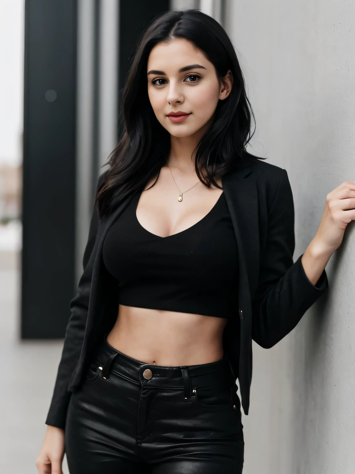 1girl, 25 years old, cute woman, black office outfit, black brown highlighted_hair,4_pack_abs, belly_button, (hips and groin showing), black_high_heels , professional studio for photo shoot in elegant lighting , looking in camera, posing like super model
