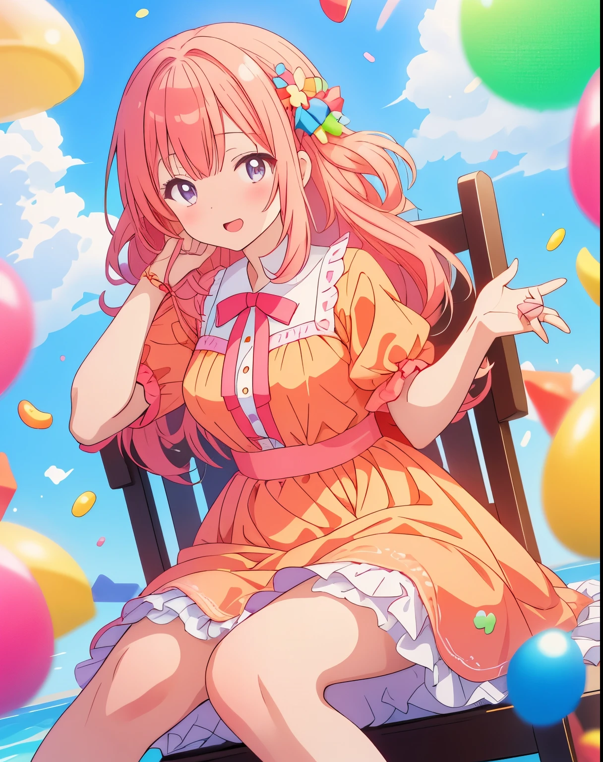 "Generate an image of an anime girl wearing an adorable dress, sitting on a chair surrounded by a cascade of colorful candies falling around her,