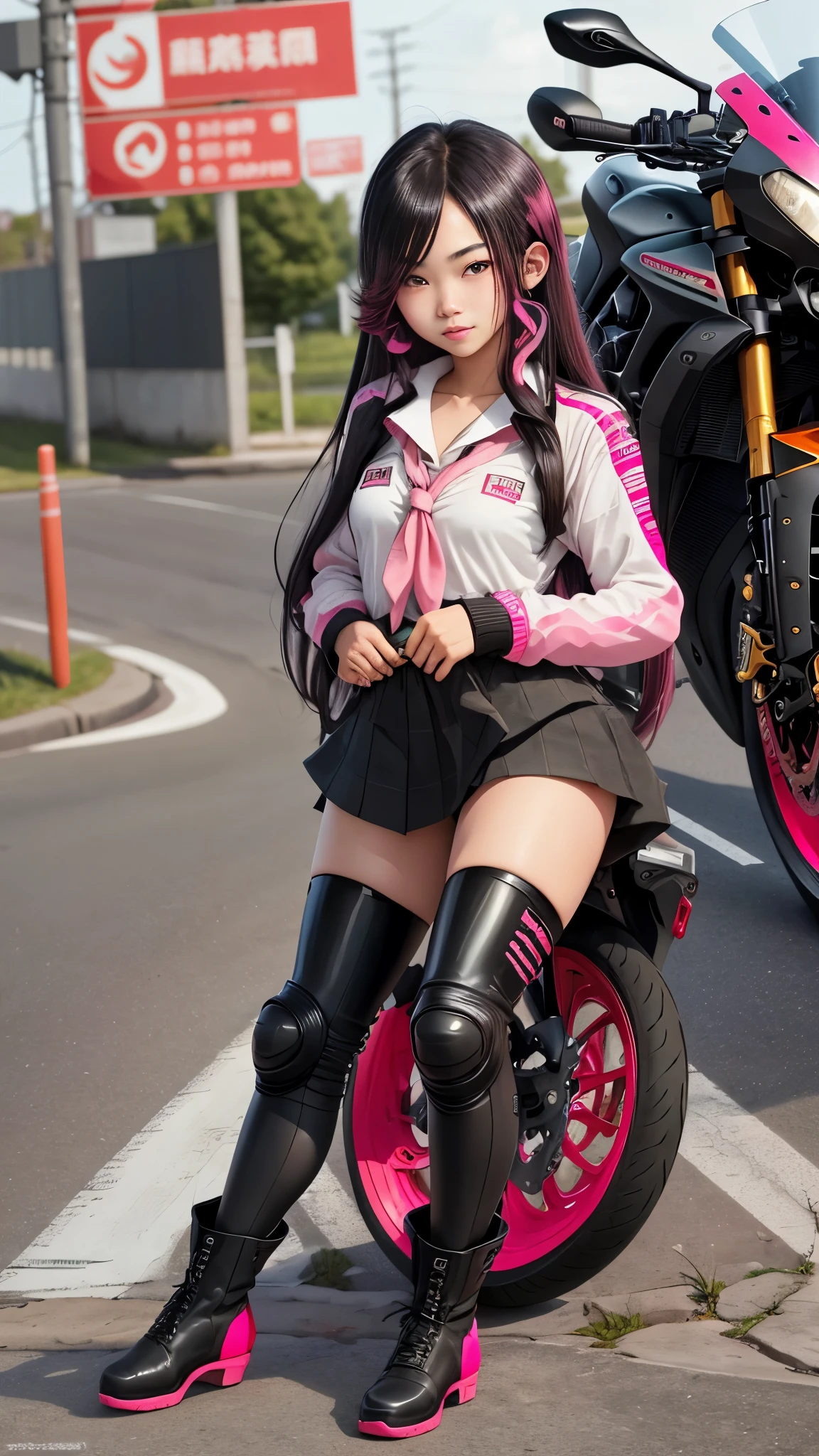 16 year old girl,long hair,Black hair with pink highlights,Don't tie your hair.,Japanese school uniform,black boots,bright pink eyes,tan skin,Big bike,Ducati Superbike, Ducati,Load the motorcycle