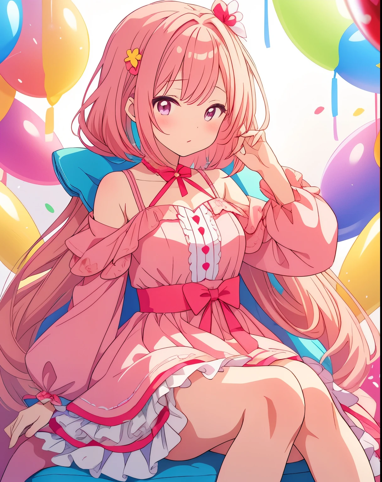 "Generate an image of an anime girl wearing an adorable dress, sitting on a chair surrounded by a cascade of colorful candies falling around her,