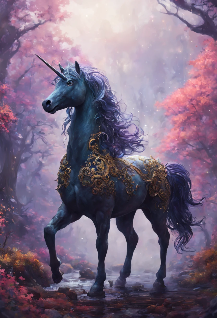 (Fantasy Unicorn:1.5), bronze filigree, intricate hyperdetailed painting by Jonas De Ro, Gustave Klimt clouds, Ismail Inceoglu, Huang Guangjian, CGSociety, ZBrush Central, fantasy art, album cover art, 8k resolution, intricately beautiful, forest, glitter, fireflies, magical atmosphere, intense glow, cool color scheme, high definition, detailed matte painting, deep color, fantastical, intricate detail, splash screen, complementary colors, fantasy concept art, 8k resolution trending on Artstation Unreal Engine 5