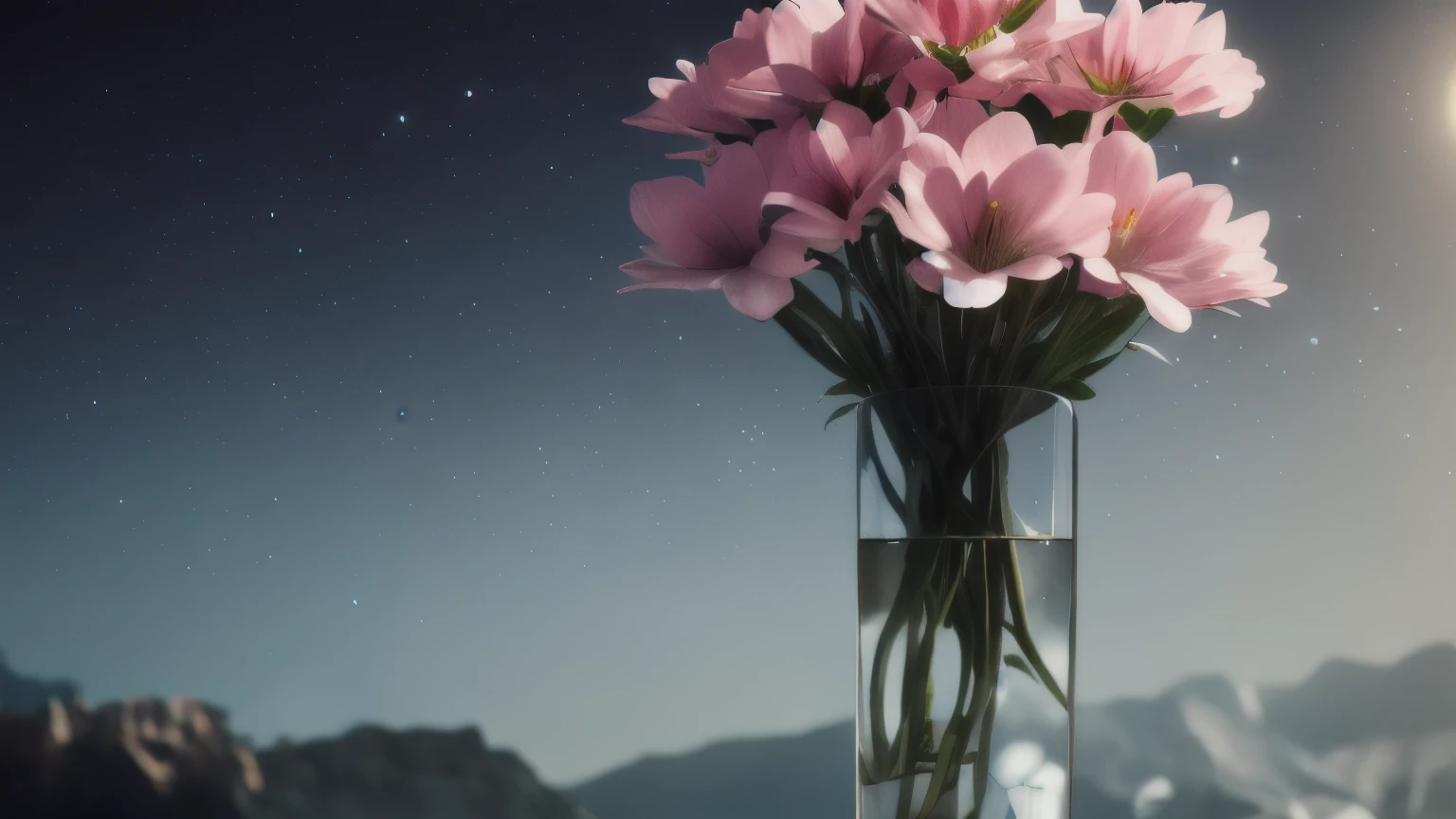 hyper ultra realistic photographs full body of Delicate pastel-colored flowers, their petals barely open, are bathed in soft moonlight. They stand in a crystal-clear vase against a deep blue backdrop, creating a magical and ethereal scene. ratio 16:9, 4k, 8k resolution, High quality photo, high detailed, imagesharp focus, Cinematic lighting,hyperdetailed & Unreal engine, detail, realism, photography,cinematography, camera NIKON, lens NIKKOR flagship, masterpiece. hyper-maximalism, ultradetailed photorealistic, light skin imperfections, final render, vray, photo, fashion