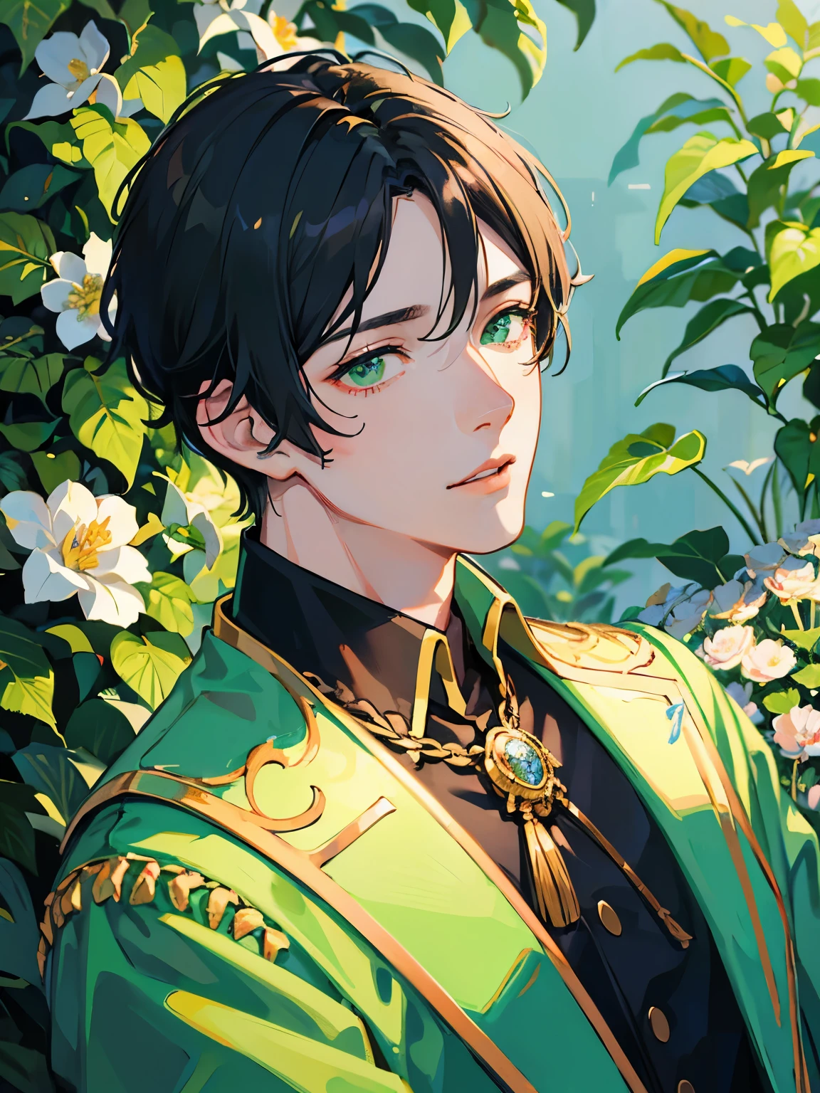 male, young male, male black hair, green eyes, idol uniform, photo shoot, anime portrait, flower garden background, realistic light and shadow, soft lighting, very detailed 