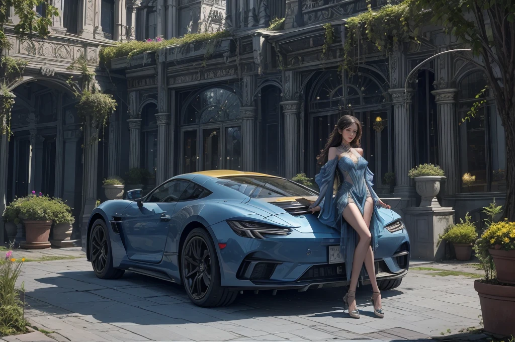 Incredible fantasy city, mega skyscrapers, flying cars, space elevator towers, Super Detail, trees, flowers, Many different buildings, spaceships in the sky, Ultra detail, many elements, blue and gold, yellow numbers on the towers, Character incredibly beautiful girl, posing in front of a car, full length, stands on the balcony, leash around the neck, , submission, disturbance, fabulous car, aggressive car shape, a lot of details, super car, expensive convertible., Incredibly beautiful face, very detailed face, Detailed eyes, detailed hair, Expensive earrings, nipple piercing, diamonds, Emeralds, Rubies, turquoise, correct anatomy, red lace dress, Thin body, Super Detail тела, many small details of the dress, Incredible fantasy city, mega skyscrapers, flying cars, space elevator towers, Super Detail, trees, flowers, Many different buildings, spaceships in the sky, Ultra detail, many elements, blue and gold, yellow numbers on buildings, straight and smooth lines, Street, evening, A lot of cars, sharp lines, contrast, City River, water fall, trees по берегу, fault in the earth&#39;s square, deep crevice, You can't see the ground, Very high, helicopter landing pads, interceptor hangars, lots of blue and yellow, bright colors, paint