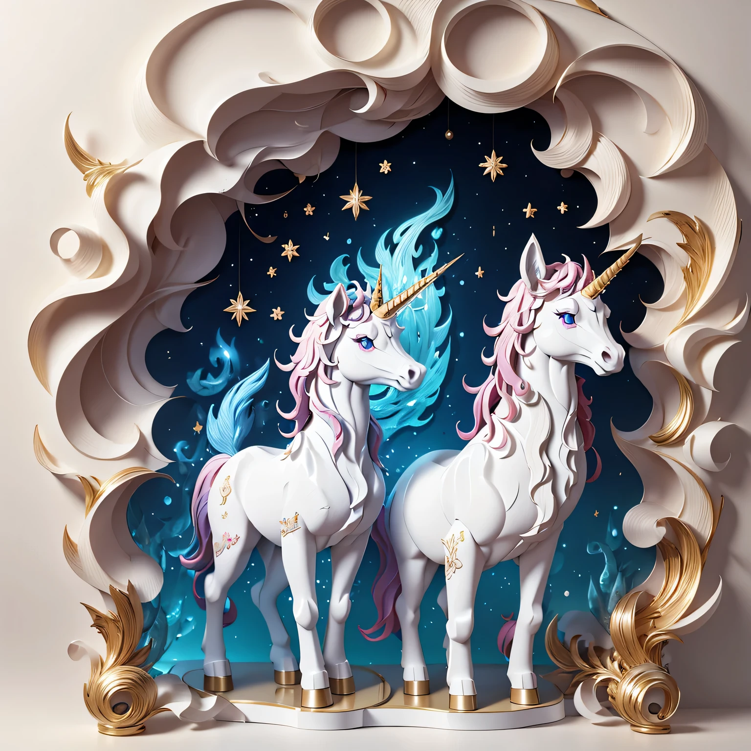 fantasy unicorn, PAPERCUT, unicorn nendoroid, on a crystal pedestal, (masterpiece), (highest quality), (ultra high detail)