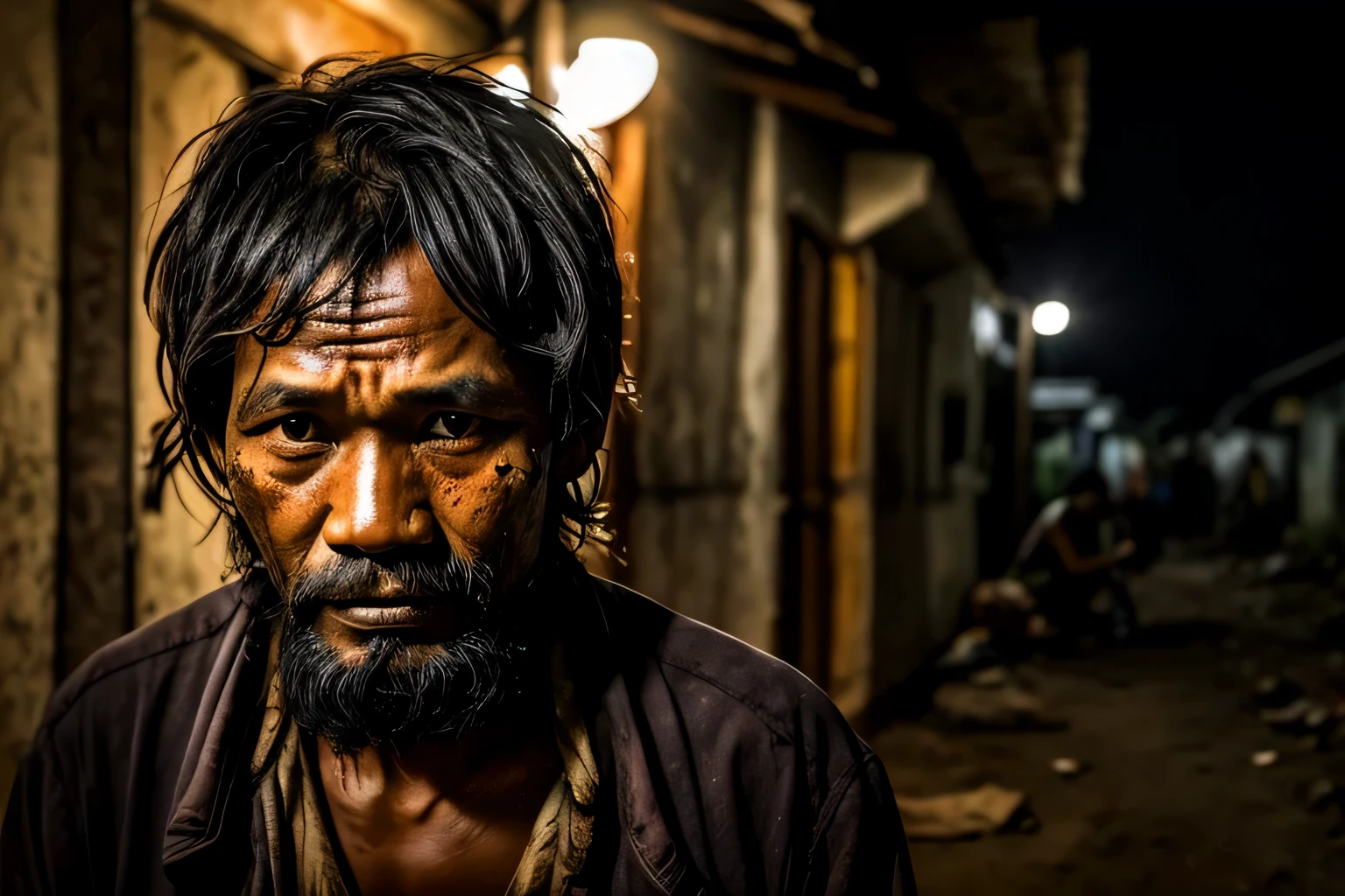 create me a khmer homeless man with dirty face and messy hair, look realistic and look horror at night, photo look dark, and scary