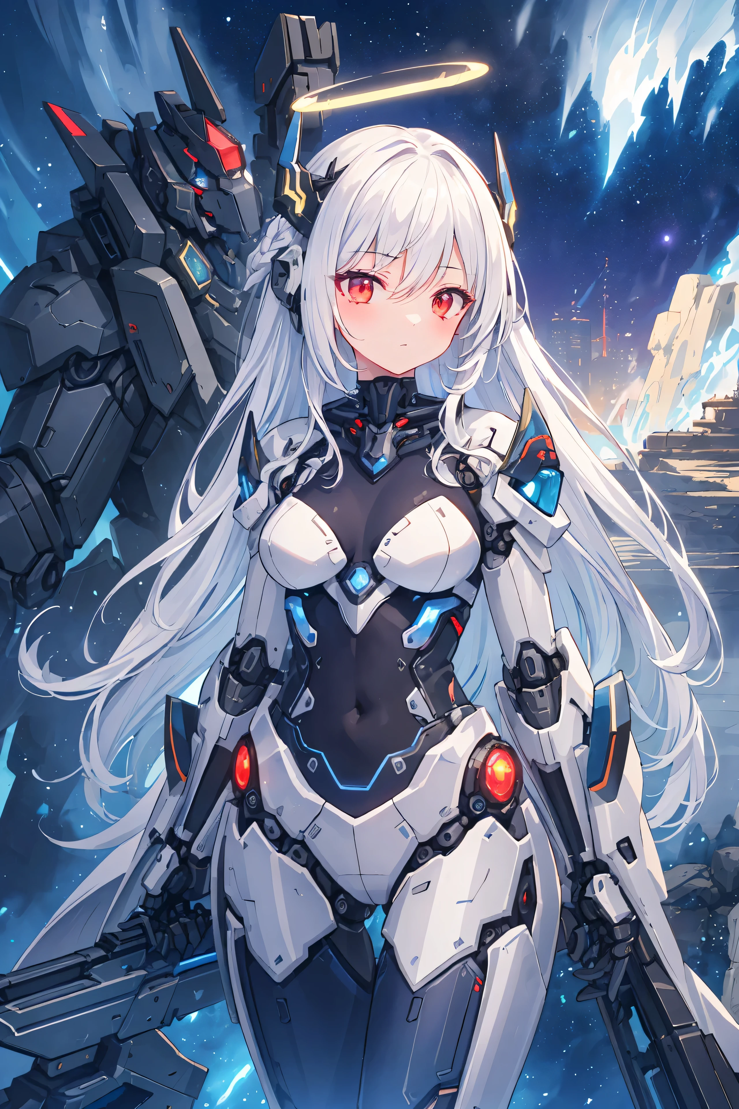 masterpiece,best quality,ultra-detailed,very detailed illustrations,extremely detailed,intricate details,highres,super complex details,extremely detailed 8k cg wallpaper,cowboy shot, caustics,reflection,ray tracing,demontheme,nebula,dark aura,cyber effect, (1girl:1.4),solo,alone,mecha musume,mechanical parts, robot joints,single mechanical arm, headgear, mechanical halo,star halo,intricate mechanical bodysuit, mecha corset, full armor, very long hair,white hair, hair between eyes, multicolored hair, colored inner hair, red eyes,glowing eye,eye trail, random expressions,random action, ancient japanese architecture,pond, starry sky,skyline,