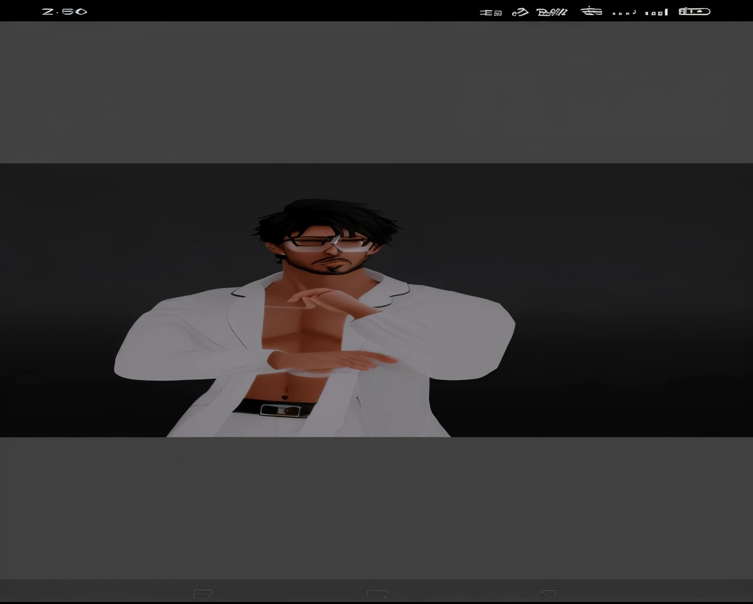 a close up of a person in a white shirt and glasses, wearing white robes!, ((wearing aristocrat robe)), imvu, second life avatar, in white clothes, wearing white robe, black-white skintight robes!, elegant glamor pose, masculine pose, evil devious male, wearing white suit, wearing futuristic white suit, foxish guy in a lab coat