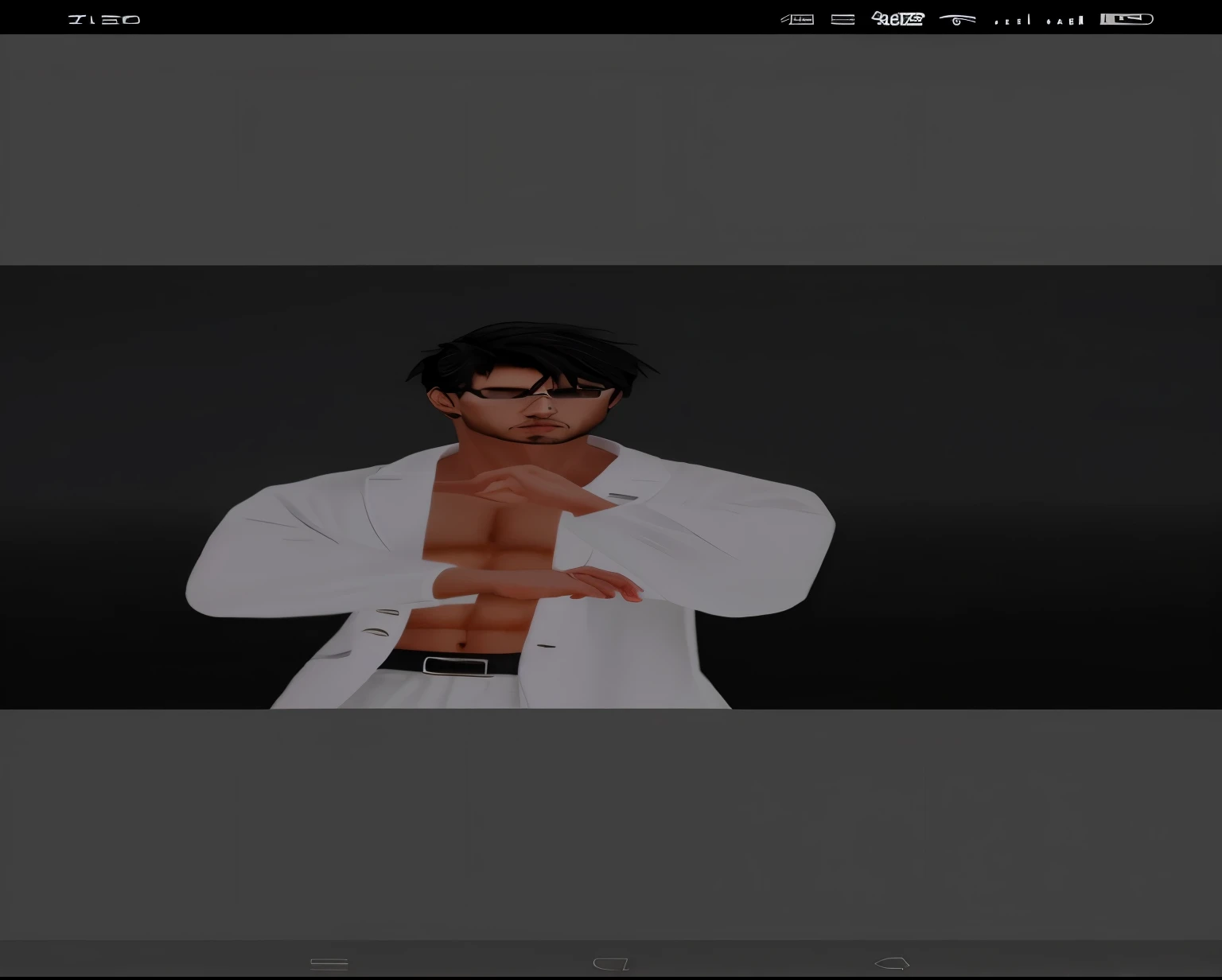 a close up of a person in a white shirt and glasses, wearing white robes!, ((wearing aristocrat robe)), imvu, second life avatar, in white clothes, wearing white robe, black-white skintight robes!, elegant glamor pose, masculine pose, evil devious male, wearing white suit, wearing futuristic white suit, foxish guy in a lab coat