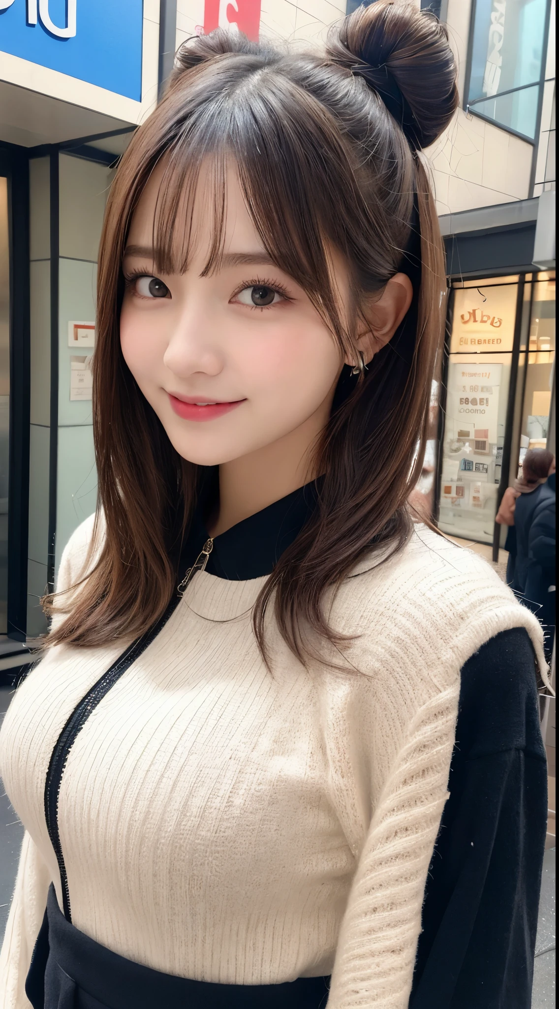 masutepiece, Best Quality, Illustration, Ultra-detailed, finely detail, hight resolution, 8K Wallpaper, Perfect dynamic composition, Beautiful detailed eyes, Trendy Women's Fashion Winter Clothes,Bun hair,Small breasts natural color lip, sexypose,Smile,Harajuku、20 years girl、Cute、is looking at the camera