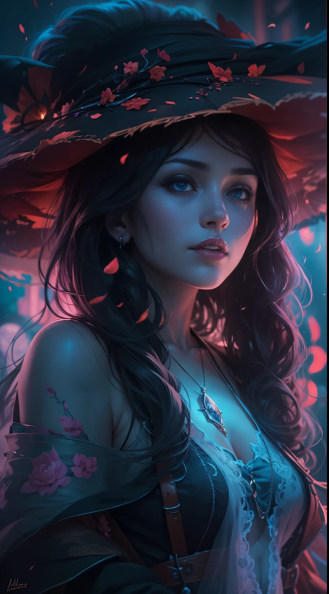 1 girl is 20 years old, A witch is neon lighting on hands, Otherworldly themes with dark fantasy and ethereal fantasy, Bright core with lots of magic orb backgrounds, fantastical realism, La mejor calidad, highest qualityr, 8k, absurdo nada, High quality epic, extremadamente detallado, Piel ultra detallada, Stunningly Detailed, hiperrealista, Very high resolution, Ultra Fotorrealista,