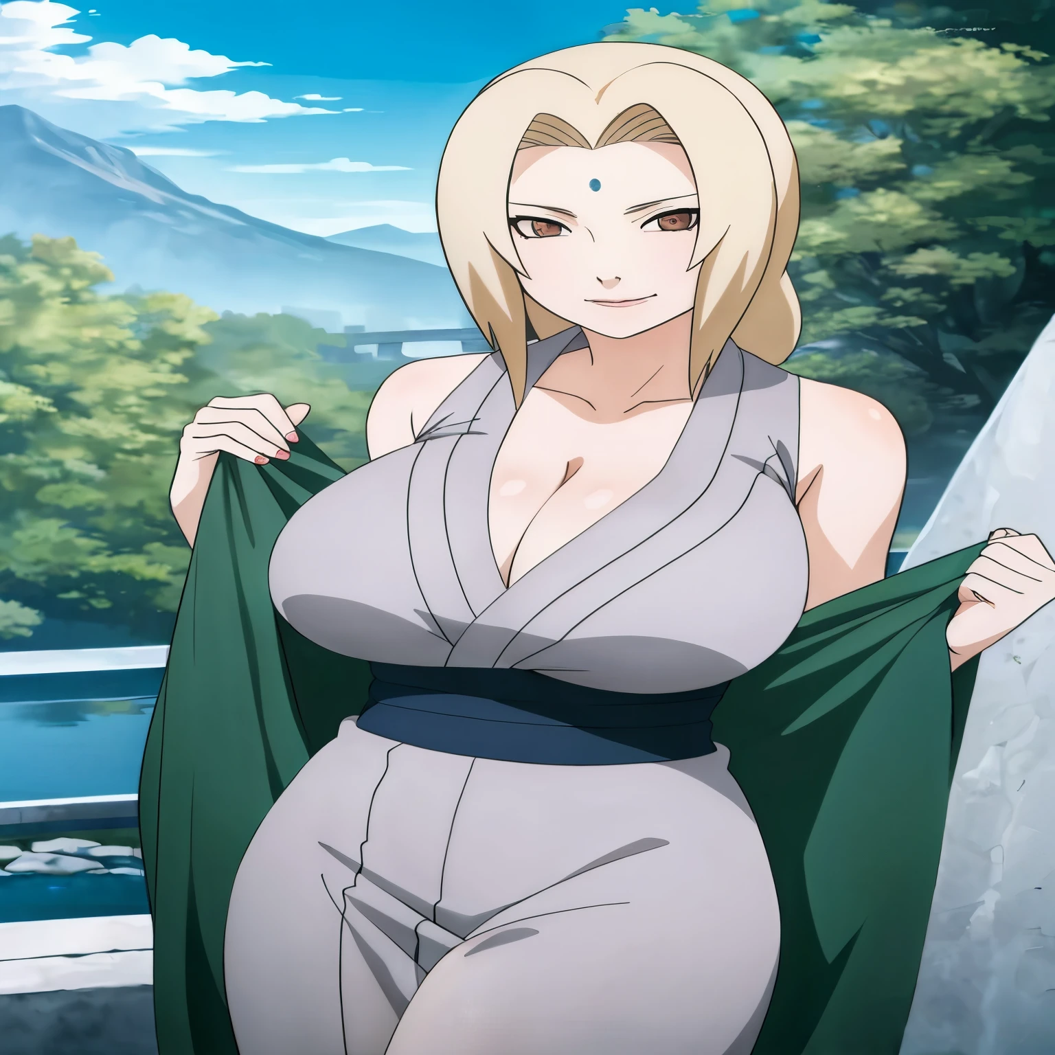 a woman in a gray dress is standing near a river, tsunade from naruto, , from naruto, female character, seductive  girl, revealing clothes, in slug sage mode, full body close-up shot