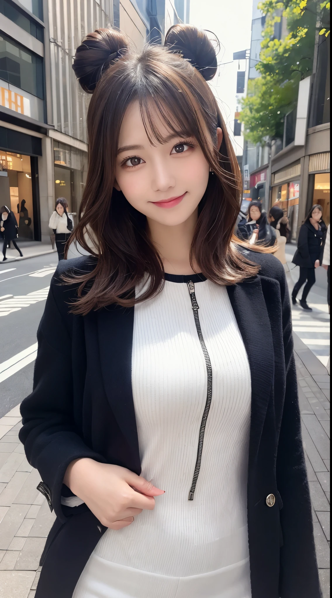 masutepiece, Best Quality, Illustration, Ultra-detailed, finely detail, hight resolution, 8K Wallpaper, Perfect dynamic composition, Beautiful detailed eyes, Trendy Women's Fashion Winter Clothes,Bun hair,Small breasts natural color lip, sexypose,Smile,Harajuku、20 years girl、Cute、is looking at the camera