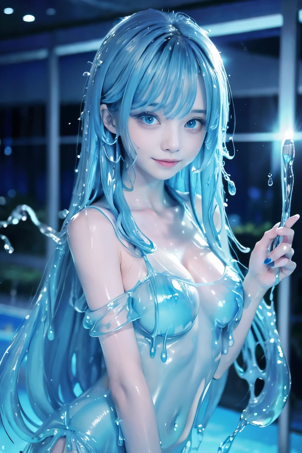 (masterpiece,best quality:1.4),(8k,raw photo,photo realistic:1.2),shiny skin,detailed skin,detailed face,detailed eyes, 1girl,looking at viewer,Japanese idol,extremely beautiful face, (smile), LiquidHair, liquid hair, blue mucus floating around, slime girl, covered in blue slime, (partially transparent), (Wet with water), (blue sweat), Slimy blue liquid dripping from her body. Her hair is also covered in blue slime. blue slime scatters, Blue hair, blue eyes