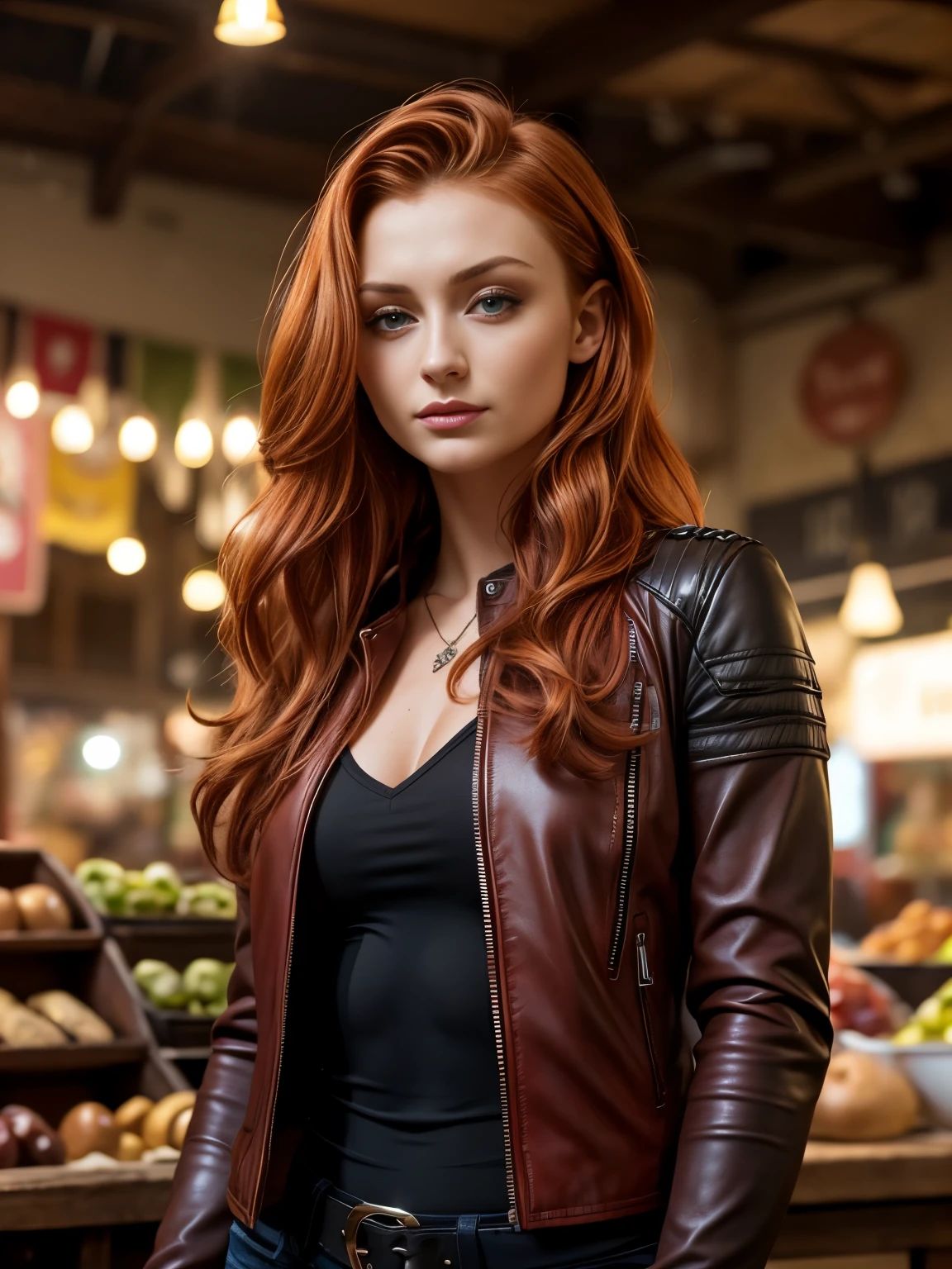 Super Detailed midbody image of Sophie Turner, red wavy hair, fierce look, leather jacket, standing in a turkish marketplace, perfect make-up, looking away from camera, cannon 6d, octane render, striking, smiling, happy, expressive look, alluring look, determined look, strong eyeliner, mesmerizing eyes, elegant, graceful, natural beauty, magnetic, charismatic, versatile, photogenic, backlit