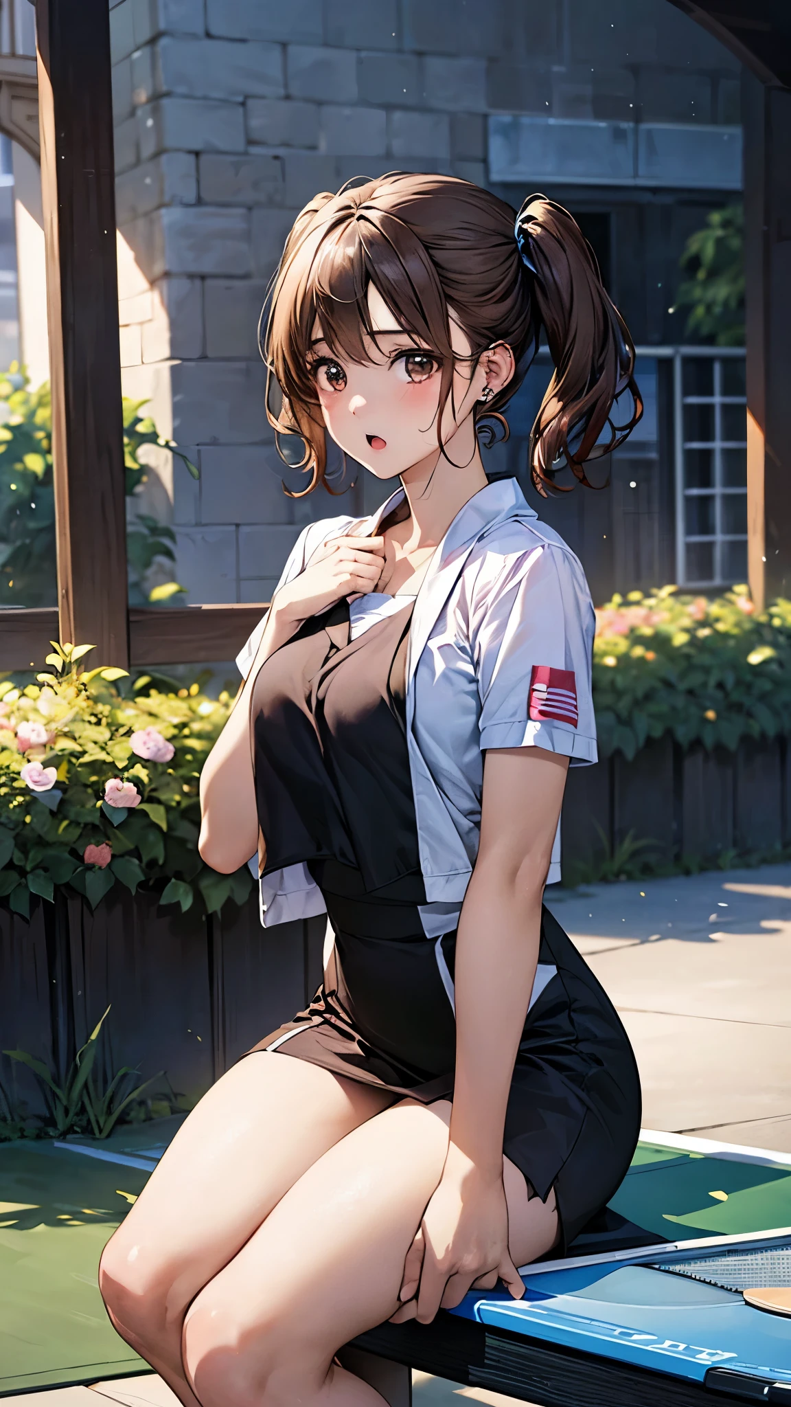 (masterpiece:1.2, top-quality), (realistic, photorealistic:1.4), beautiful illustration, (natural side lighting, movie lighting),
looking at viewer, fullbody, 1 girl, japanese, high school girl, perfect face, cute and symmetrical face, shiny skin, babyface,
(short hair, low twintails, light brown hair), hair between eyes, brown eyes, big eyes, drooping eyes, (middle breasts, seductive thighs, big ass), piercings,
beautiful hair, beautiful face, beautiful detailed eyes, beautiful clavicle, beautiful body, beautiful chest, beautiful thigh, beautiful legs, beautiful fingers,
((detailed cloth texture, pink table tennis uniform)),
(beautiful scenery), evening, flower garden, (:o), tears,