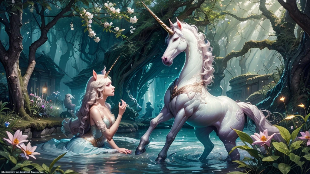 (best quality,4k,8k,highres,masterpiece:1.2),ultra-detailed,(realistic,photorealistic,photo-realistic:1.37),a spectacular fantasy unicorn in a magical garden,portraits,vivid colors,sharp focus,HDR,beautiful detailed eyes,beautiful detailed lips,extremely detailed eyes and face,long eyelashes,luscious green grass,sparkling dewdrops on flowers,ethereal atmosphere,soft sunlight filtering through the trees,lush and vibrant flowers blooming,delicate butterfly dancing in the air,crystal-clear stream running through the garden,enchanting fairy lights illuminating the scene,fantasy and dreamlike color palette,subtle golden hues,shimmering rainbow reflecting on the unicorn's coat,dynamic composition capturing the unicorn's grace and power,magical aura surrounding the unicorn,peaceful and serene ambiance,meticulous attention to fur and textures,expressive and captivating unicorn's gaze,fantasy creatures hidden in the garden,whimsical elements enhancing the enchantment,storybook-like atmosphere with a touch of mystery and wonder