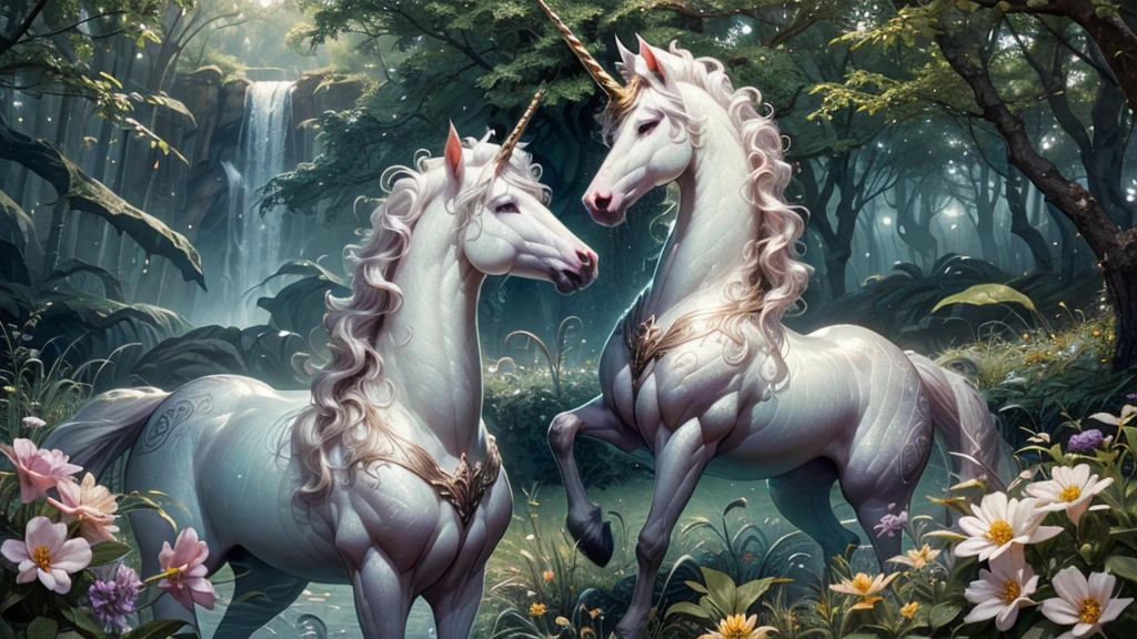 (best quality,4k,8k,highres,masterpiece:1.2),ultra-detailed,(realistic,photorealistic,photo-realistic:1.37),a spectacular fantasy unicorn in a magical garden,portraits,vivid colors,sharp focus,HDR,beautiful detailed eyes,beautiful detailed lips,extremely detailed eyes and face,long eyelashes,luscious green grass,sparkling dewdrops on flowers,ethereal atmosphere,soft sunlight filtering through the trees,lush and vibrant flowers blooming,delicate butterfly dancing in the air,crystal-clear stream running through the garden,enchanting fairy lights illuminating the scene,fantasy and dreamlike color palette,subtle golden hues,shimmering rainbow reflecting on the unicorn's coat,dynamic composition capturing the unicorn's grace and power,magical aura surrounding the unicorn,peaceful and serene ambiance,meticulous attention to fur and textures,expressive and captivating unicorn's gaze,fantasy creatures hidden in the garden,whimsical elements enhancing the enchantment,storybook-like atmosphere with a touch of mystery and wonder