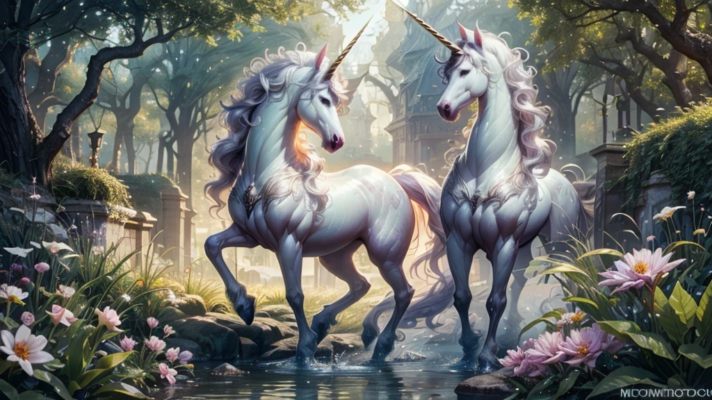 (best quality,4k,8k,highres,masterpiece:1.2),ultra-detailed,(realistic,photorealistic,photo-realistic:1.37),a spectacular fantasy unicorn in a magical garden,portraits,vivid colors,sharp focus,HDR,beautiful detailed eyes,beautiful detailed lips,extremely detailed eyes and face,long eyelashes,luscious green grass,sparkling dewdrops on flowers,ethereal atmosphere,soft sunlight filtering through the trees,lush and vibrant flowers blooming,delicate butterfly dancing in the air,crystal-clear stream running through the garden,enchanting fairy lights illuminating the scene,fantasy and dreamlike color palette,subtle golden hues,shimmering rainbow reflecting on the unicorn's coat,dynamic composition capturing the unicorn's grace and power,magical aura surrounding the unicorn,peaceful and serene ambiance,meticulous attention to fur and textures,expressive and captivating unicorn's gaze,fantasy creatures hidden in the garden,whimsical elements enhancing the enchantment,storybook-like atmosphere with a touch of mystery and wonder