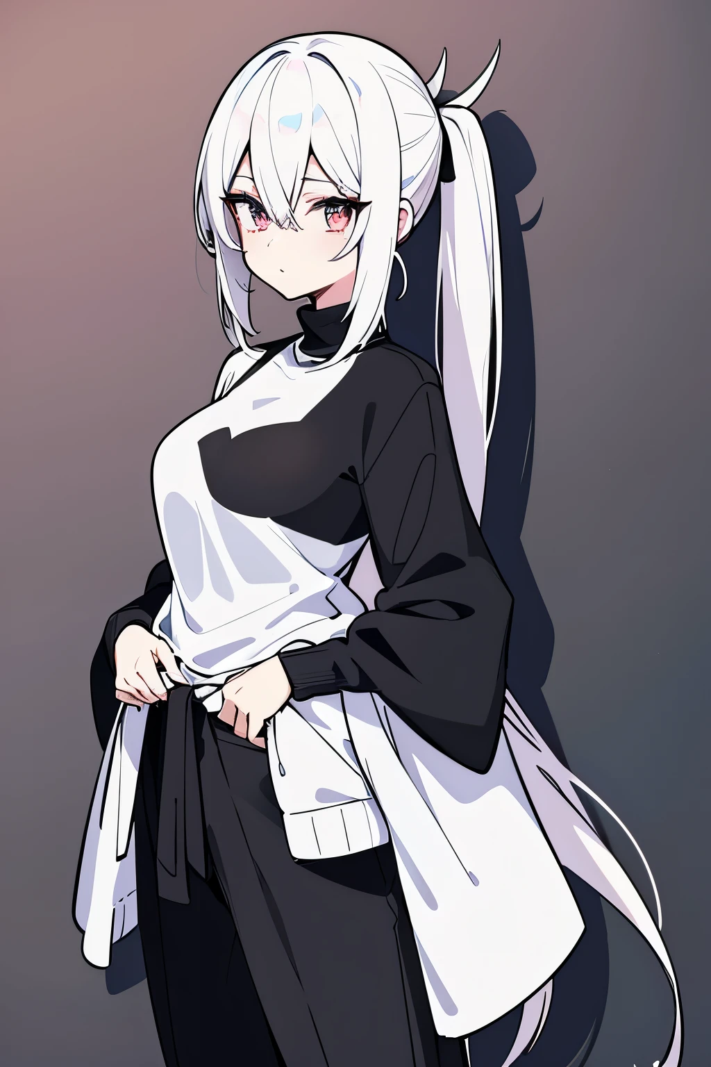 anime character with a white shirt and black pants, single character full body, female anime character, anime style character, as an anime character, anime moe artstyle, anime character, full body single character, female protagonist, She has a black sweater tied around her waist, she have pony tail.