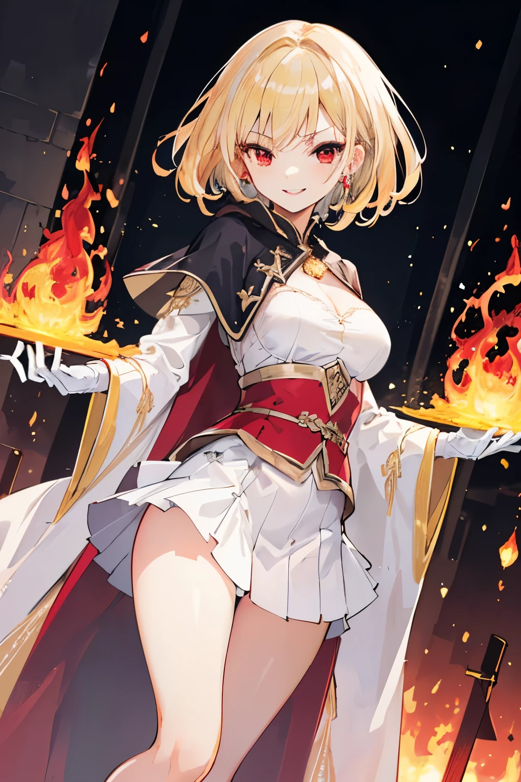 (((1girl))), ((best quality)), ((masterpiece)), ((ultra-detailed)), (illustration), (detailed light), (an extremely delicate and beautiful), (beautiful detailed eyes), (sunlight), ((extremely light)),  ((extremely clothes)), (((hyper detail))),(((((front lighting))))),(((((front light))))),

((((quite adorable and more erotic Wizard's robe with a brief skirt)))), (((Highest Class Wizard))),
, 

((wavy short manish bob)), ((((yellow gold hair)))), 
(((ruby red eyes))), 

(((whole body))), aged 8 to 12, ((((())))),
((condescending expression)), ((mischievous smile with sexual satisfaction)),  (((extra adorable))), (((((extra slender shape))))), 
(((extremely beautiful detailed face))), (((surrounded by too many spits of fire))), 
(((attacking enemies by a spell of squall of deadly fire))), 

(((((Dutch angle))))), (((white gloves))), a little bit exposed pale yellow panties
