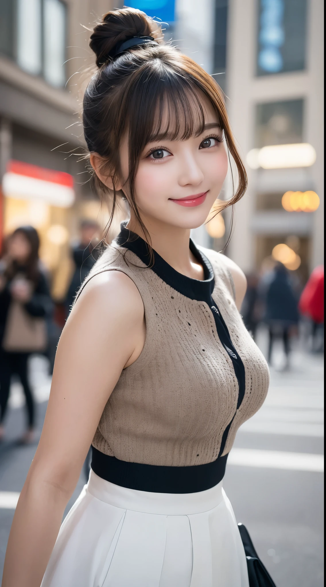 masutepiece, Best Quality, Illustration, Ultra-detailed, finely detail, hight resolution, 8K Wallpaper, Perfect dynamic composition, Beautiful detailed eyes, Trendy Women's Fashion Winter Clothes,Bun hair,Small breasts natural color lip, sexypose,Smile,Harajuku、20 years girl、Cute、is looking at the camera