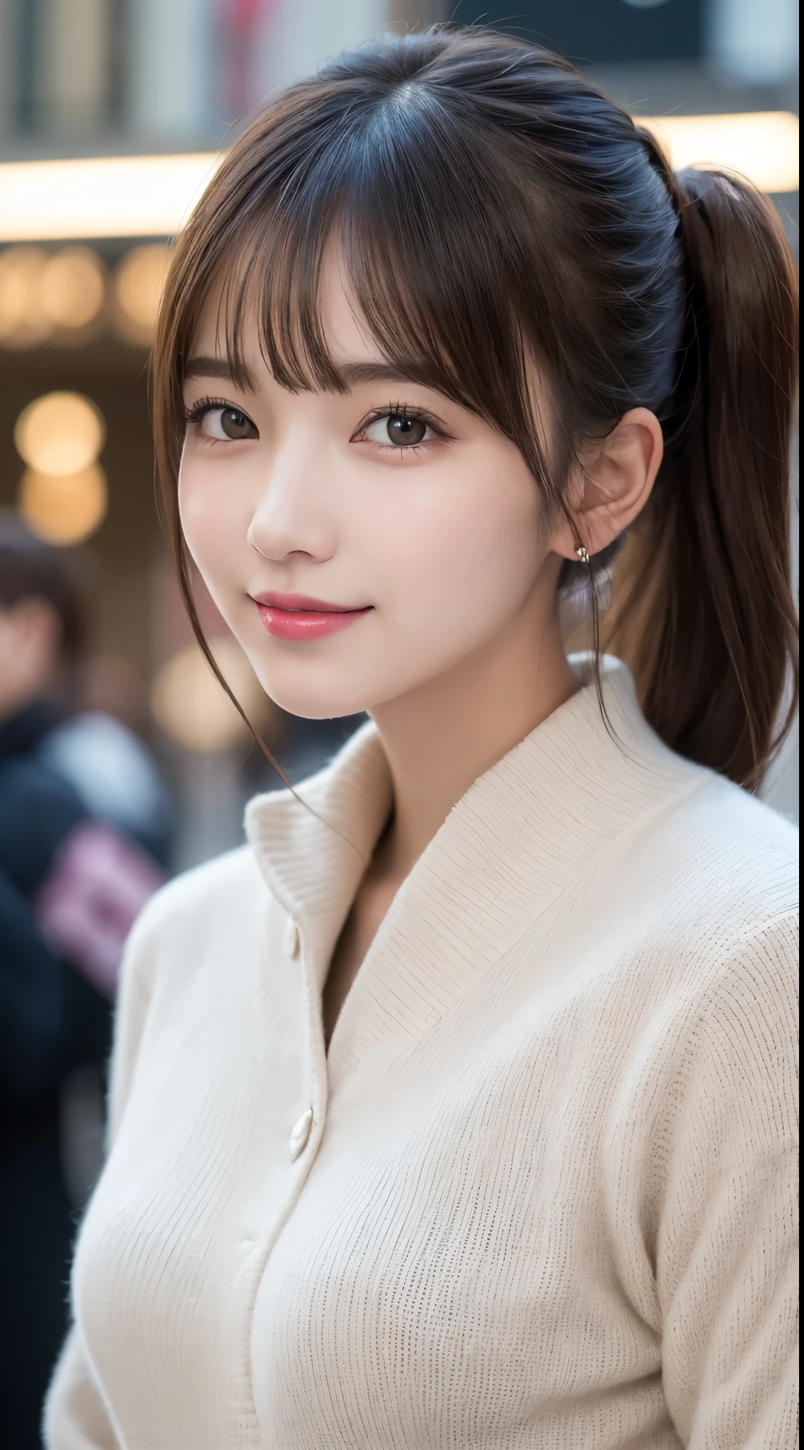 masutepiece, Best Quality, Illustration, Ultra-detailed, finely detail, hight resolution, 8K Wallpaper, Perfect dynamic composition, Beautiful detailed eyes, Trendy Women's Fashion Winter Clothes,Bun hair,Small breasts natural color lip, sexypose,Smile,Harajuku、20 years girl、Cute、is looking at the camera