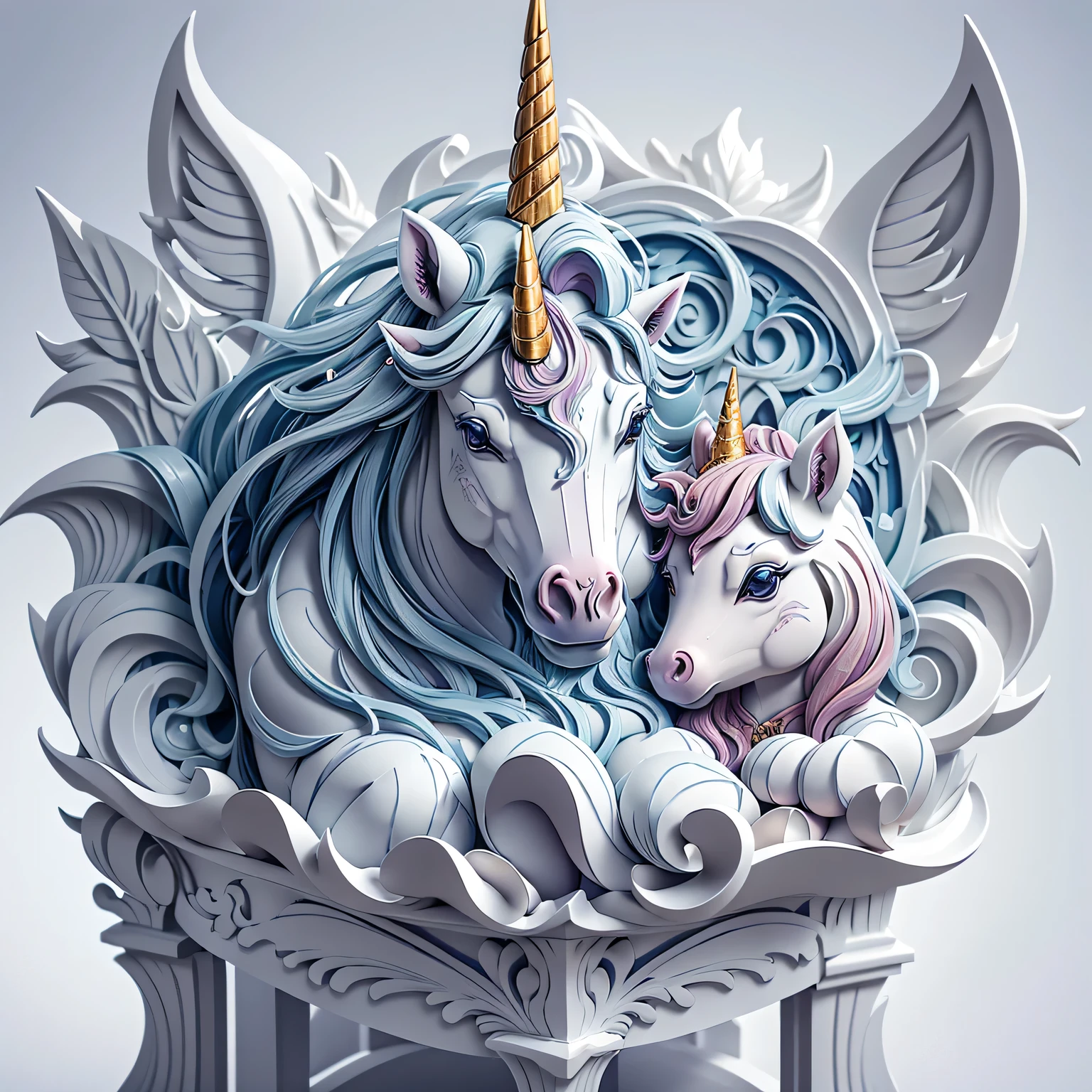 fantasy unicorn, PAPERCUT, unicorn nendoroid, on a crystal pedestal, (masterpiece), (highest quality), (ultra high detail)