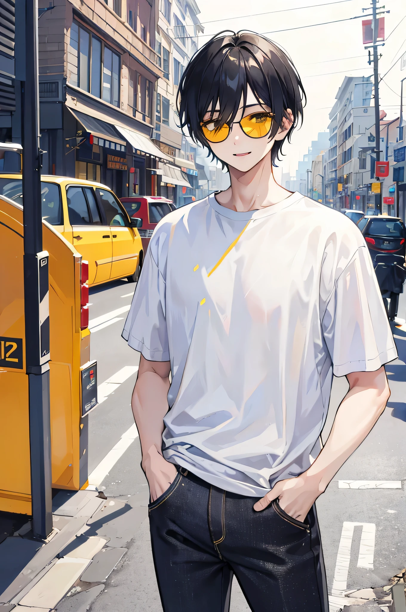 (best quality), (Masterpiece), illustration, the most_details, wallpaper 4k ,1 boy, white t-shirt, Black Jeans, hands in pocket, 18 years old, black hair, short hair, yellow eyes, Sunglasses, brilliant, road, nighttime, smile
