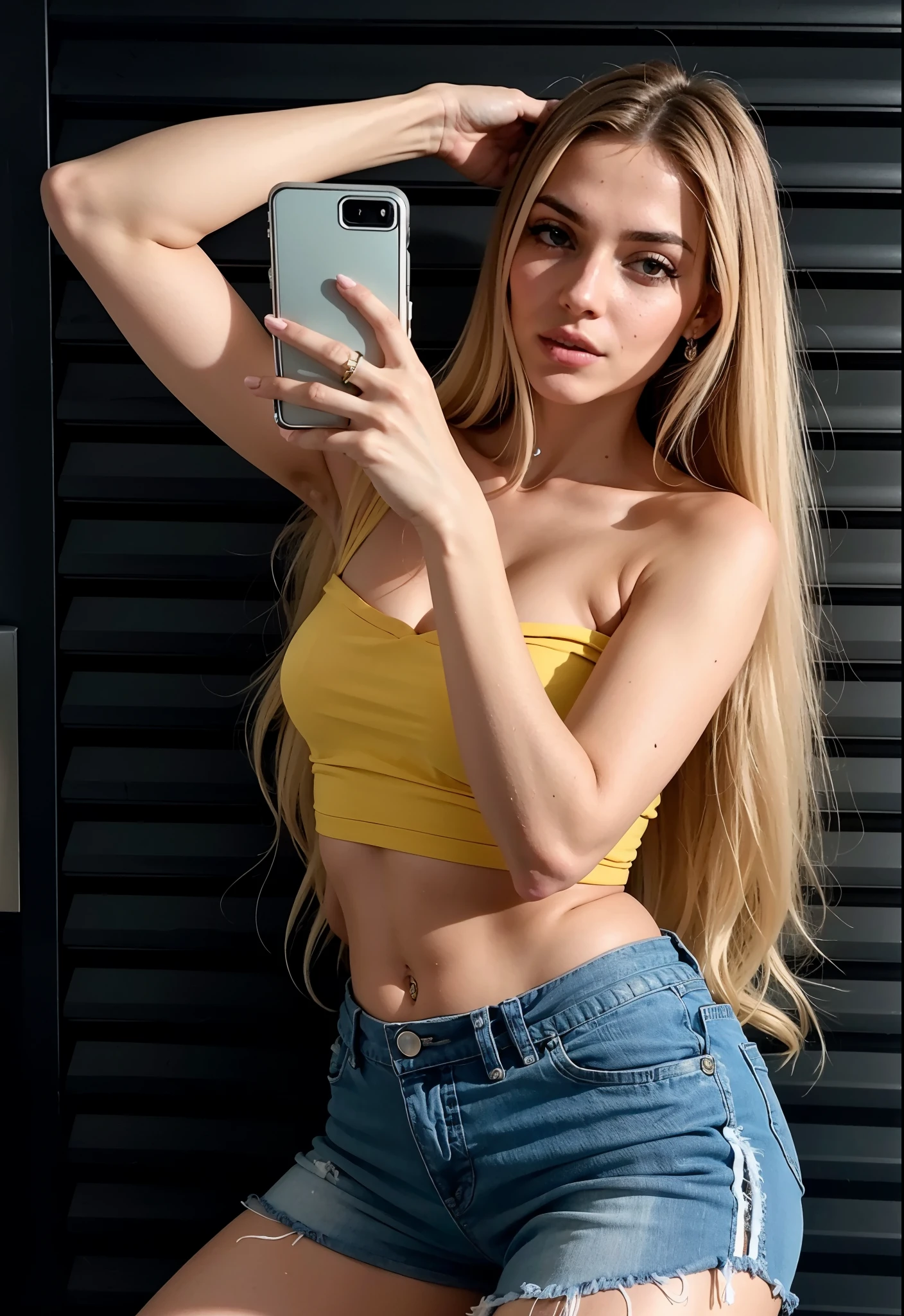 Mulher que tira selfie com o celular, foto de garota magra model, 2 modelo feminino de 4 anos, modelo do instagram, Anna Nikonova aka Newmilky, vestindo top amarelo, 18 anos de idade, ajuste figura delicada, estilo de julia razumova, cabelos amarelos longos, Angelina Stroganova, foto de garota magra, com cabelo comprido