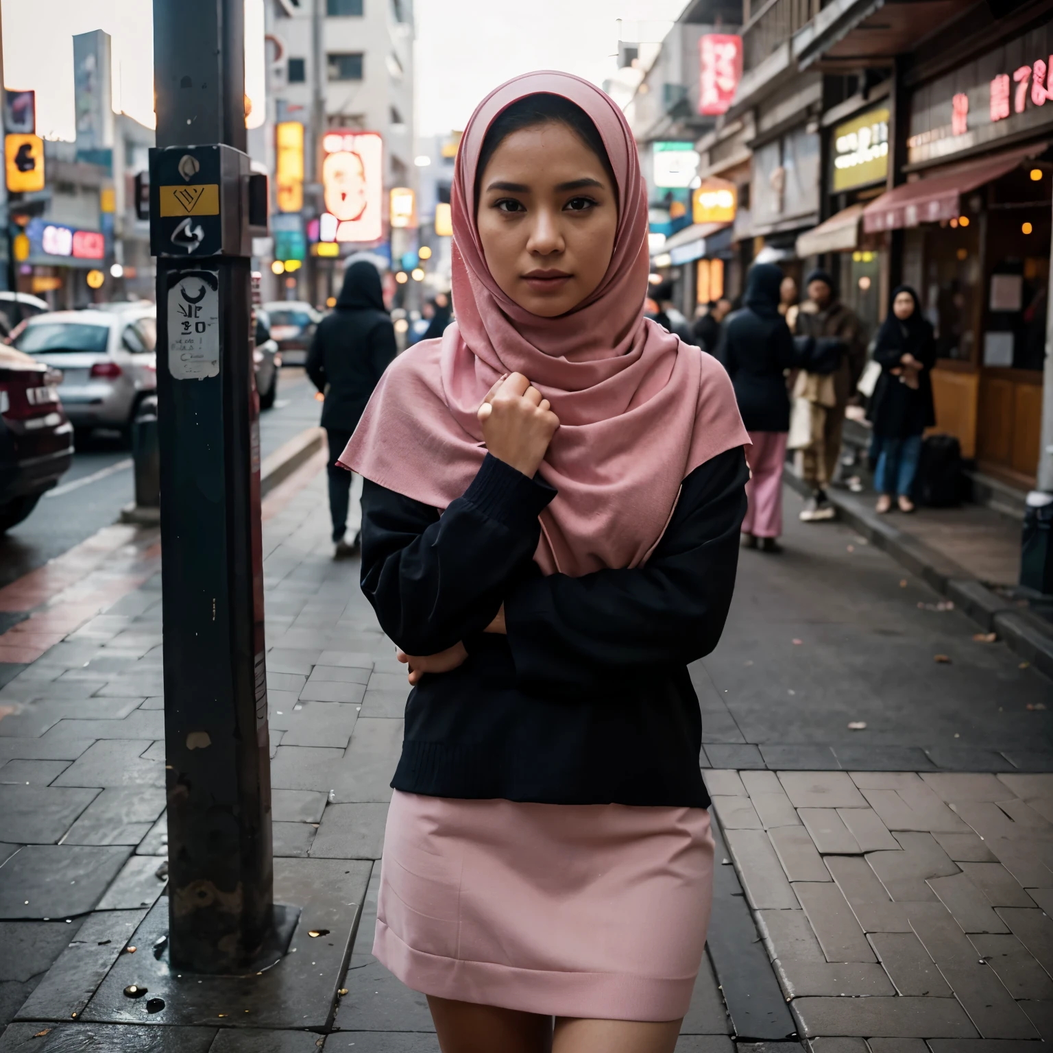 cinematic photo cinematic film still,pink hijab,full body  photo of the most beautiful woman in Indonesia wearing pink hijab and black sweater, shallow depth of field, vignette, highly detailed, high budget Hollywood movie, bokeh, cinemascope, moody, epic, gorgeous, film grain, grainy . 35mm photograph, film, bokeh, professional, 4k, highly detailed,sakura flower,